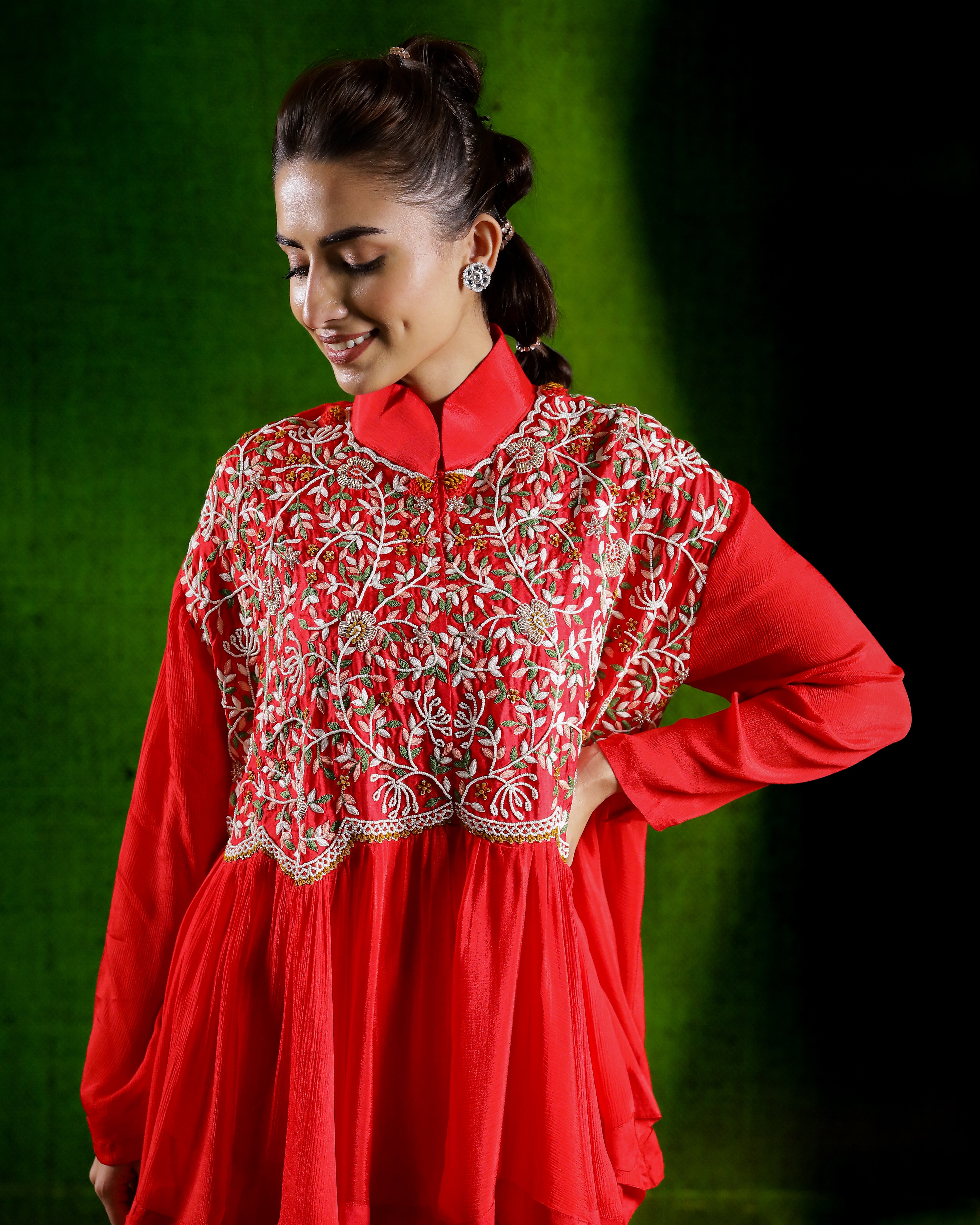 Cherry Red Embroidered Chinon Silk Kurta Set