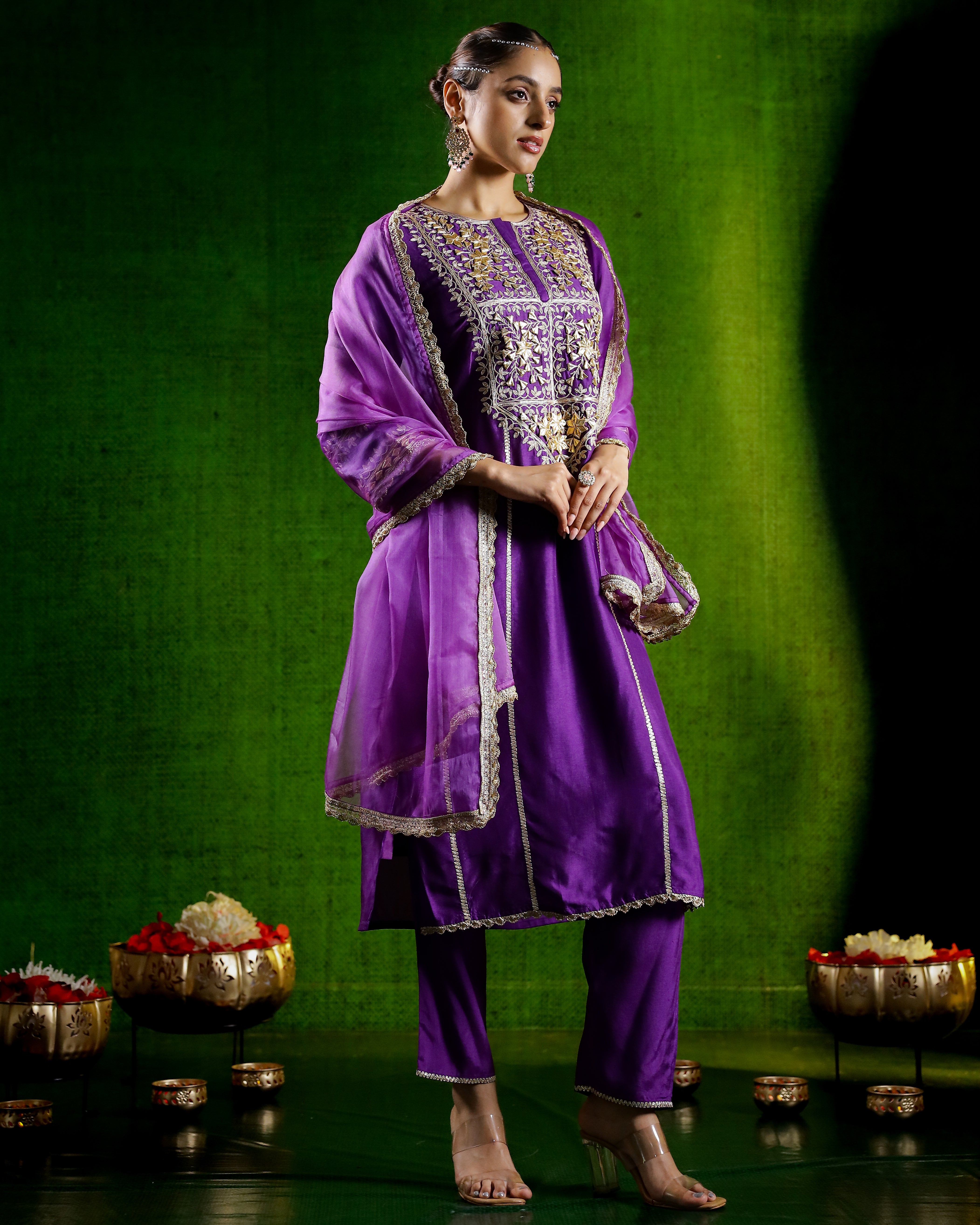 Purple Embroidered German Silk Pants Set