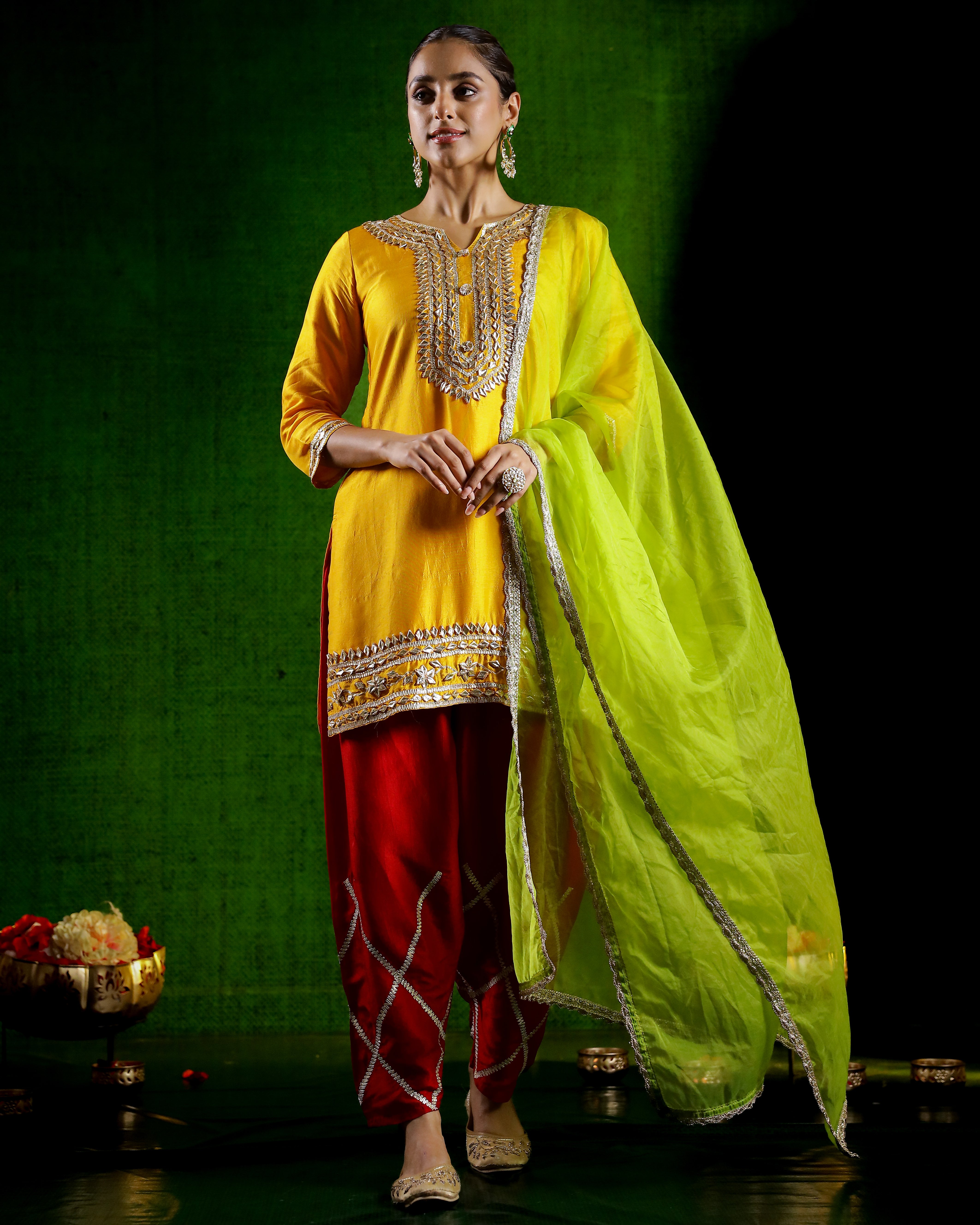 Festive Yellow Embellished Raw Silk Salwar Set