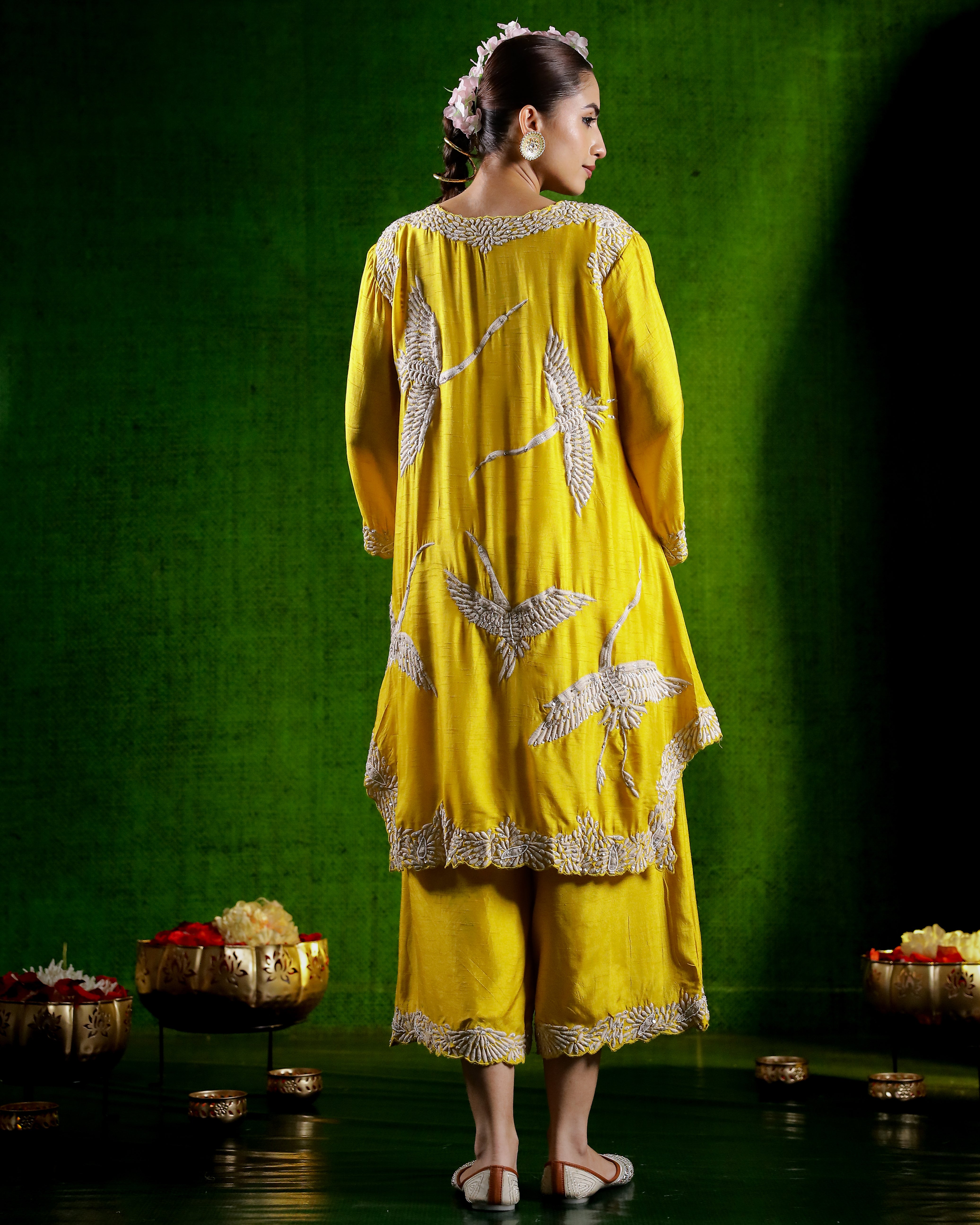 Bright Yellow Flamingo Embroidered Raw Silk Co-Ord Set