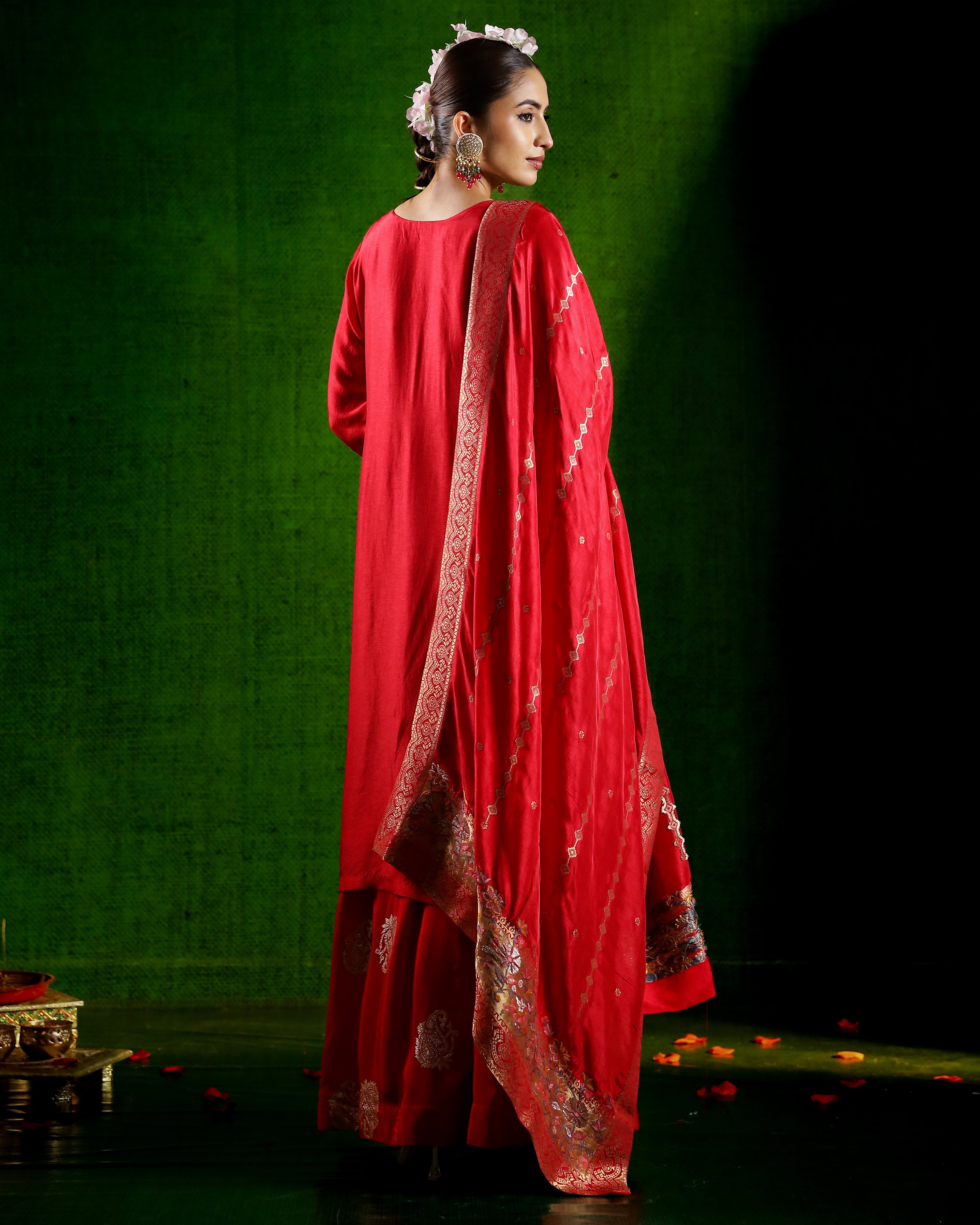 Red Embellished Italian Brocade Silk Skirt Set