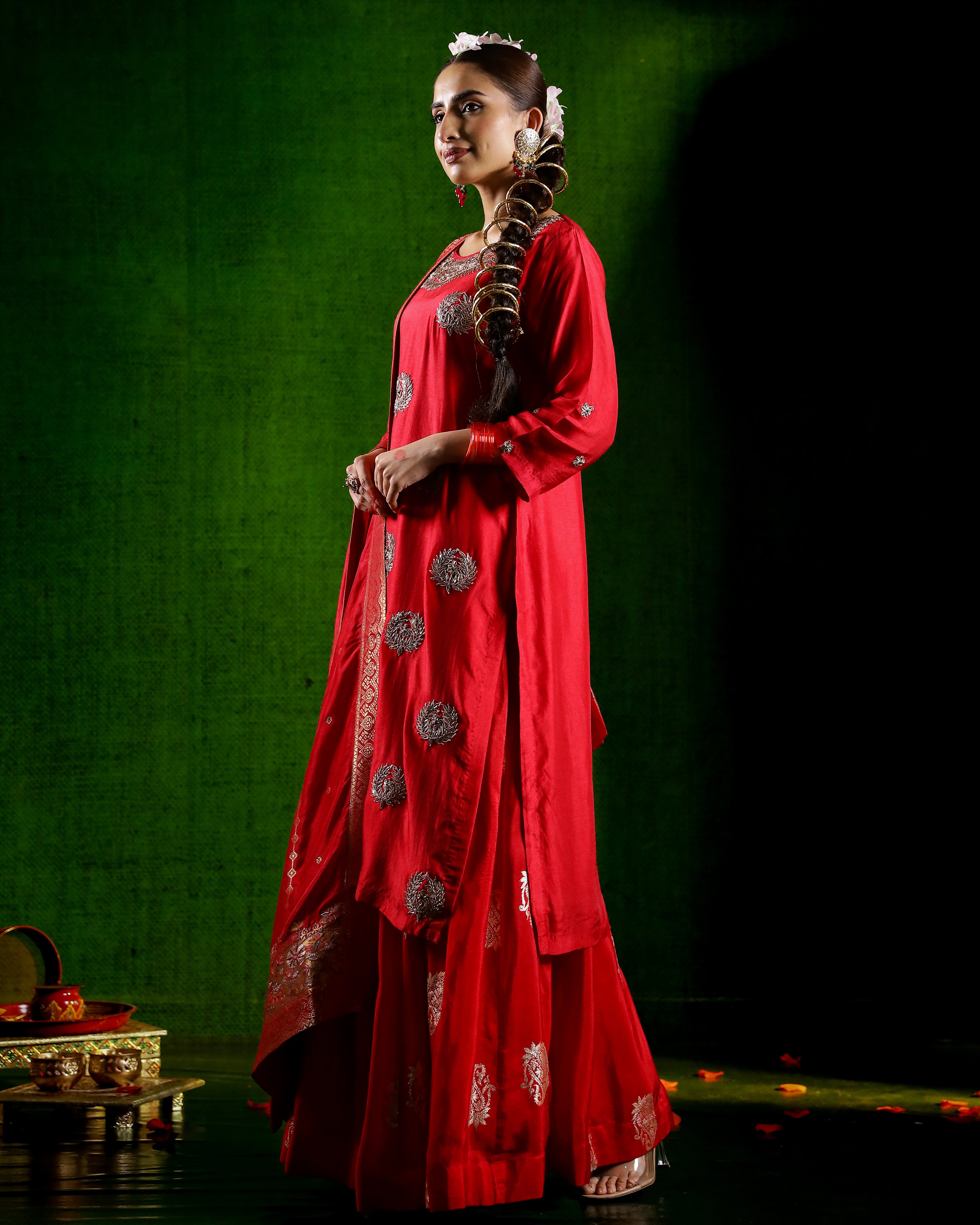 Red Embellished Italian Brocade Silk Skirt Set