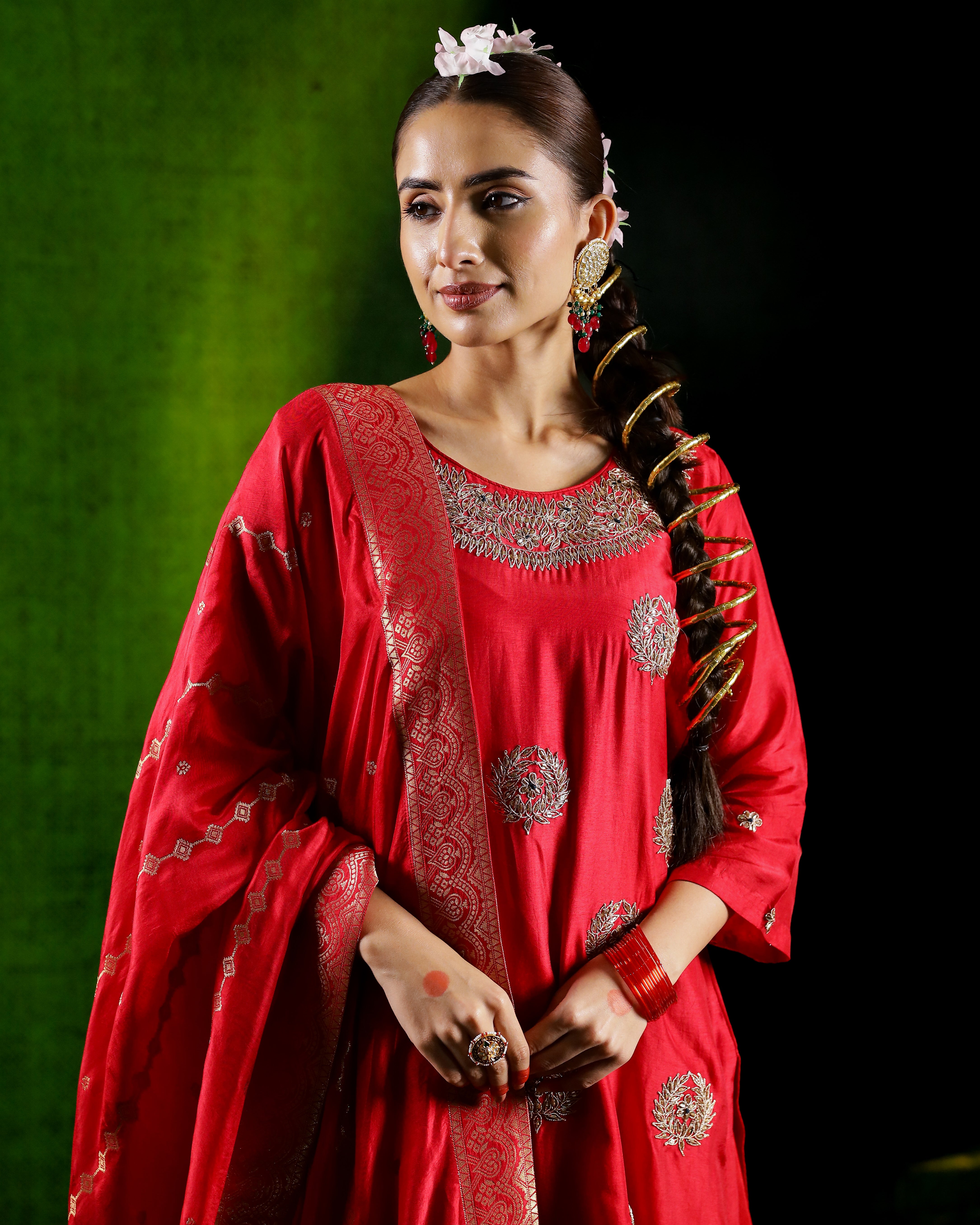 Red Embellished Italian Brocade Silk Skirt Set