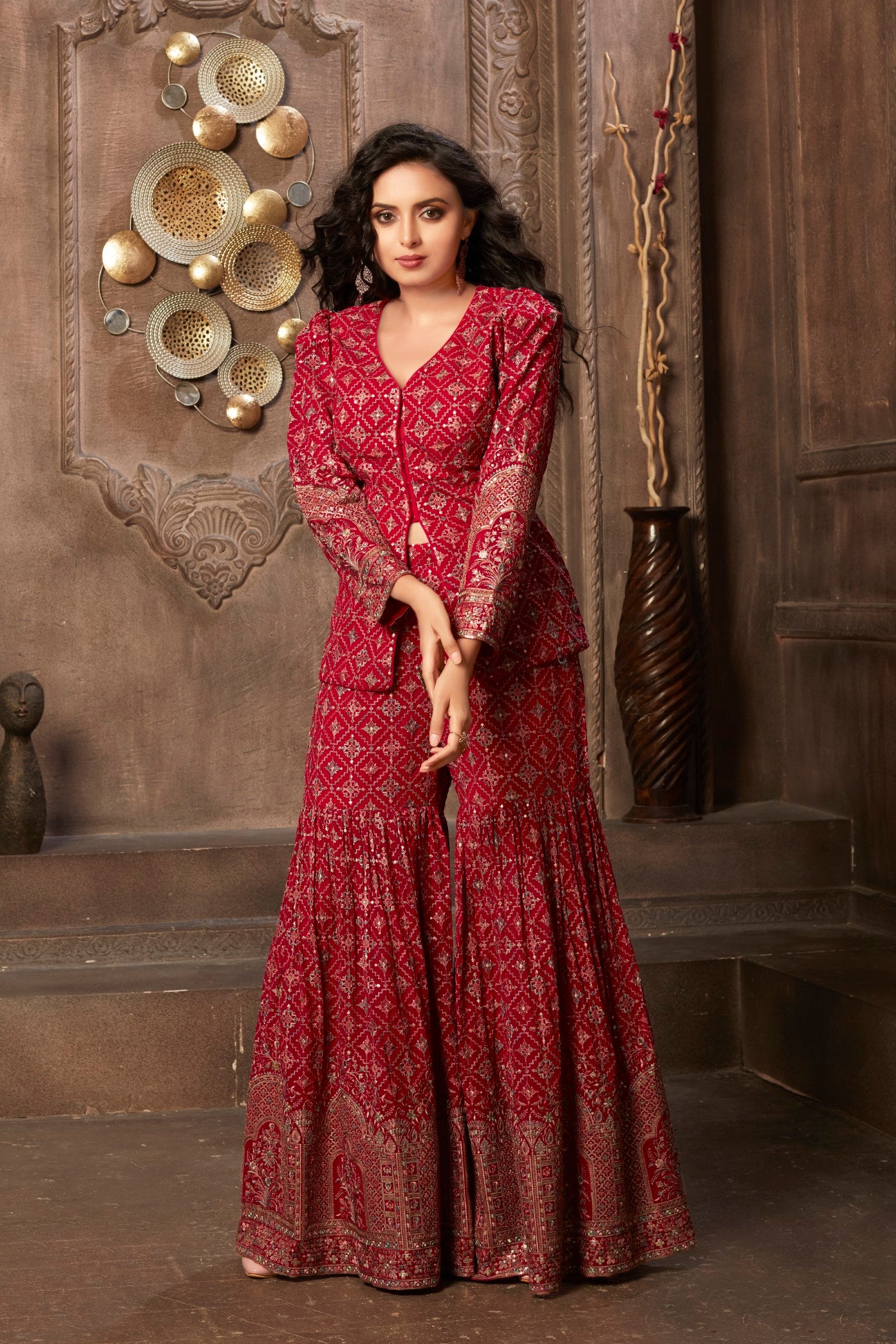Cherry Red Sequin Embroidered Georgette Silk Sharara Set