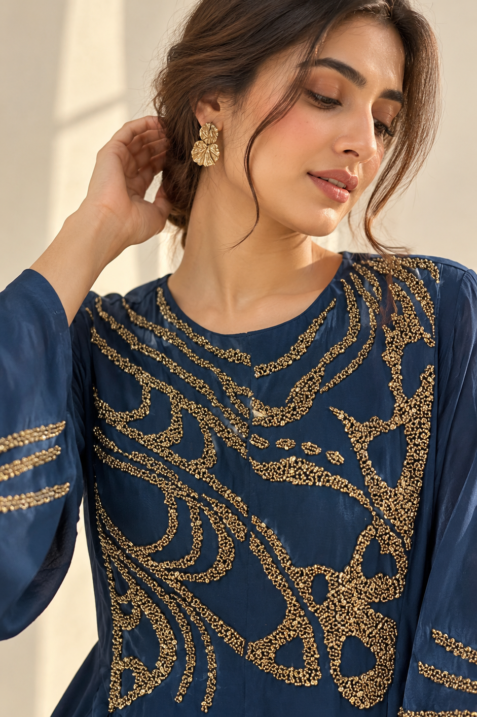 Navy Blue Beaded Crepe Silk Co-ord Set