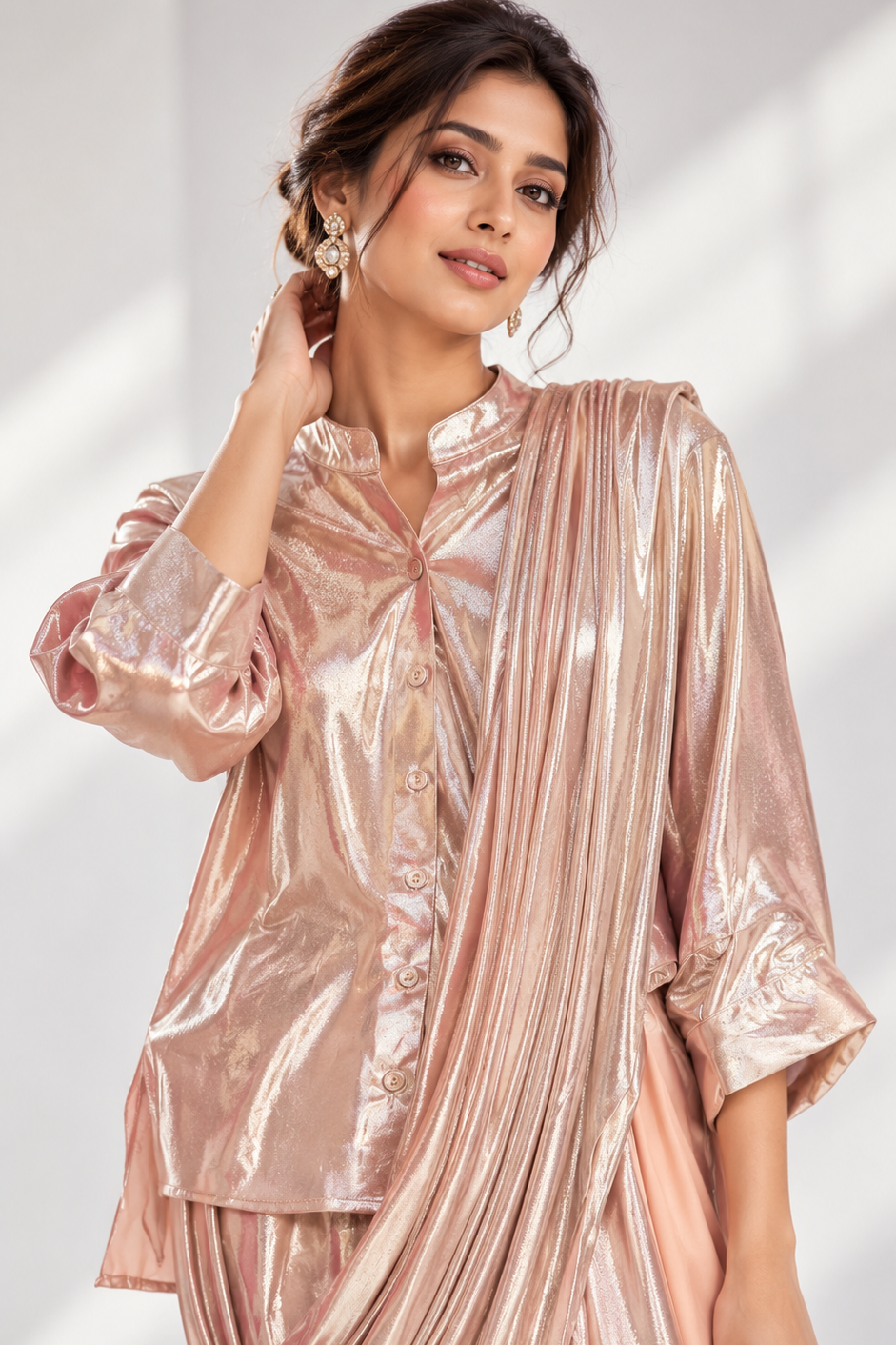 Metallic Rose Embellished Shimmer Satin Silk Skirt Set