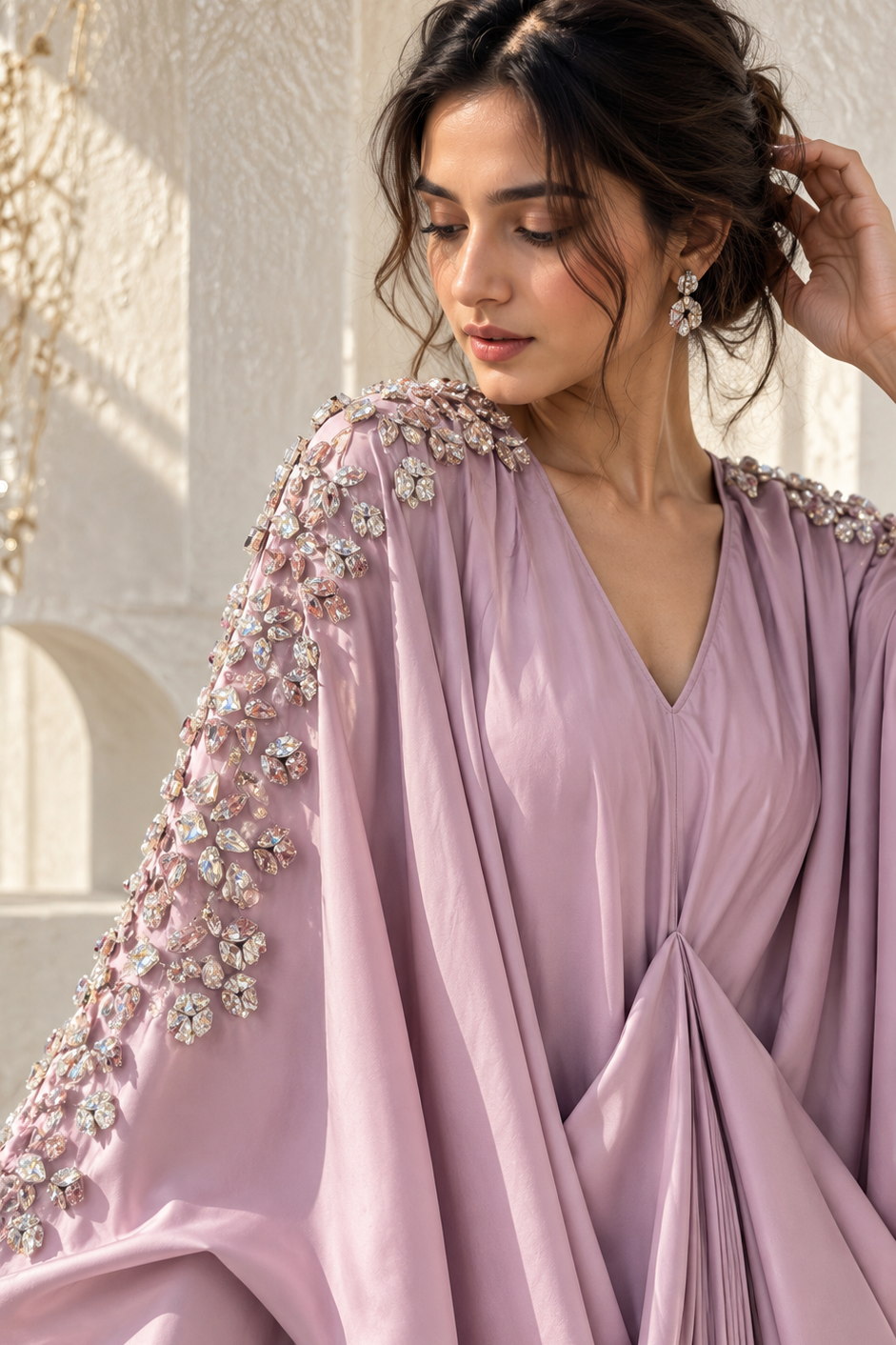 Lavender Crystal-Embellished Crepe Satin Kaftan Gown