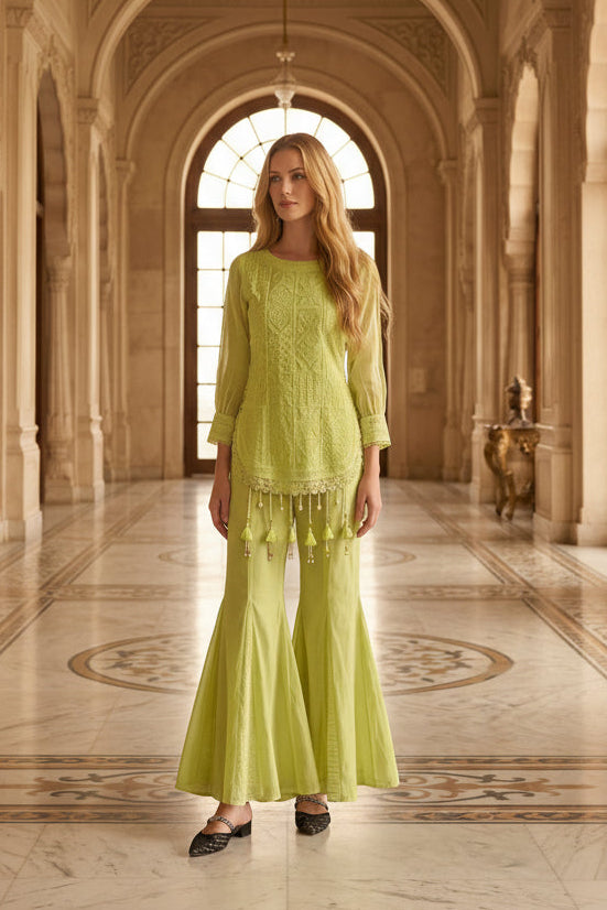 Lime Green Embroidered Chanderi Silk Co-Ord Set