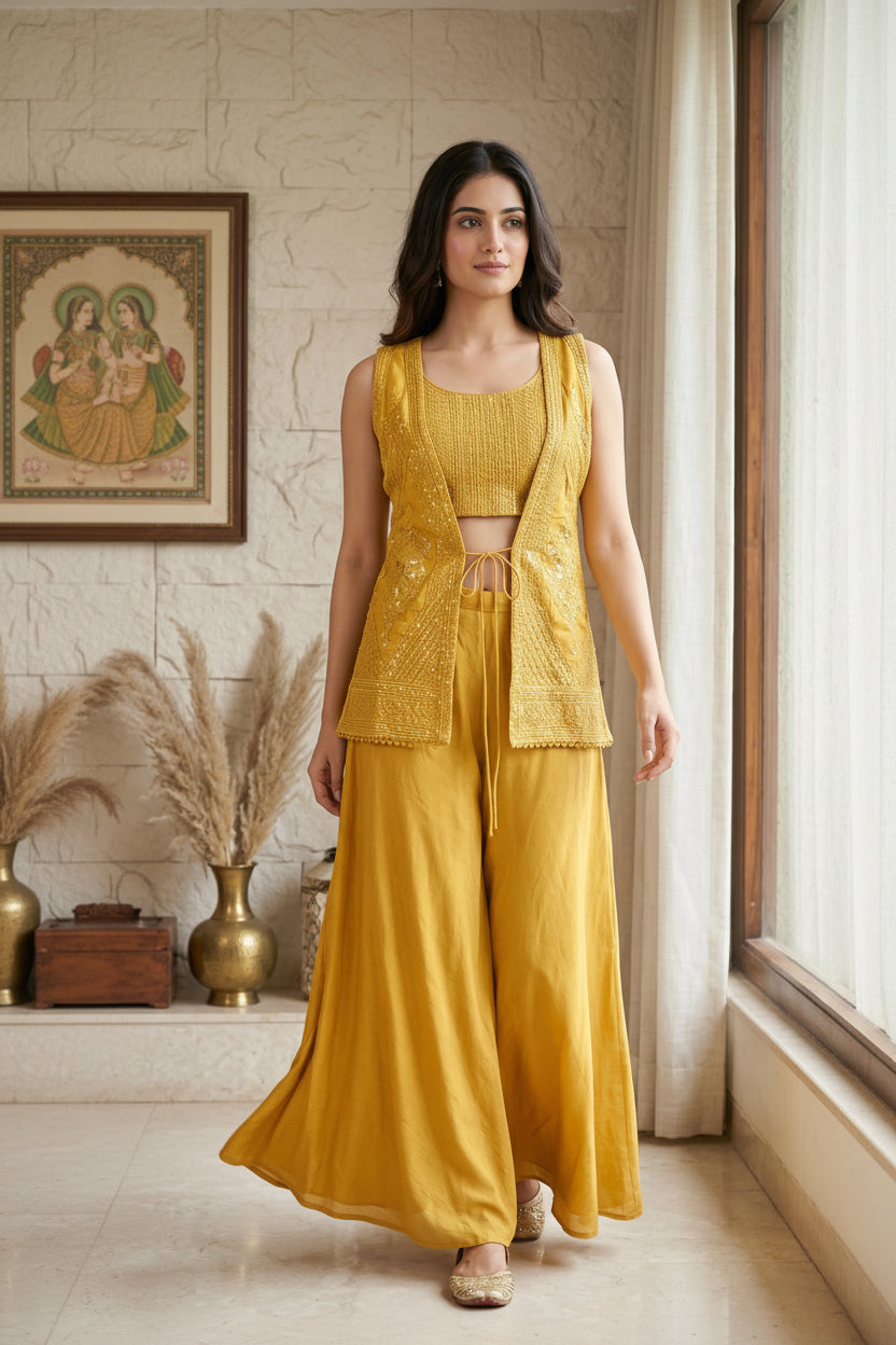 Yellow Embellished Chanderi Silk Palazzo Set