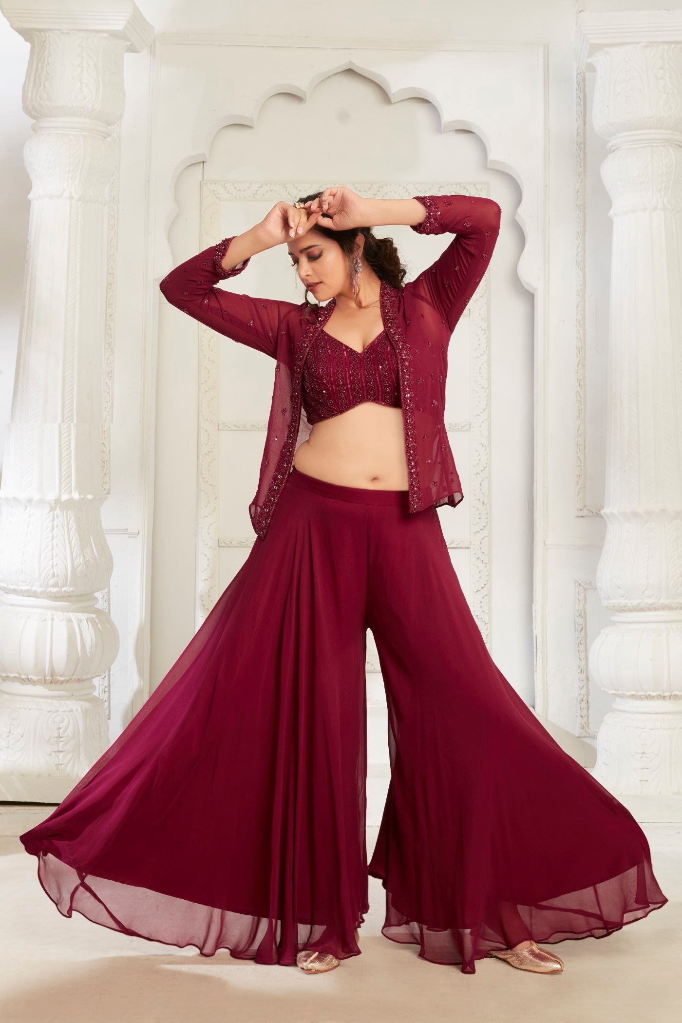 Cherry Red Embellished Swiss Georgette Cape Set.