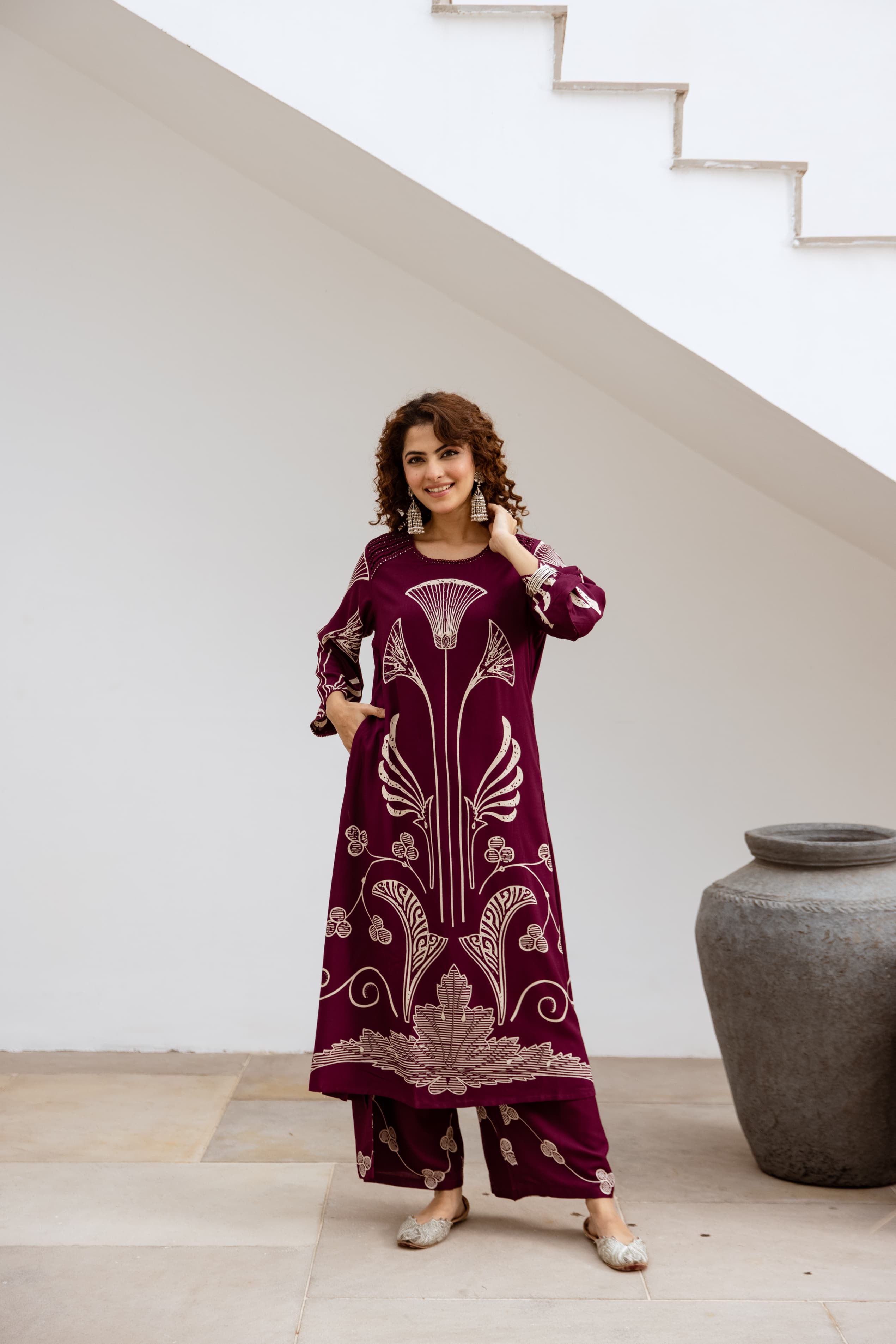 Wine Printed Organic Cotton Kurta Set
