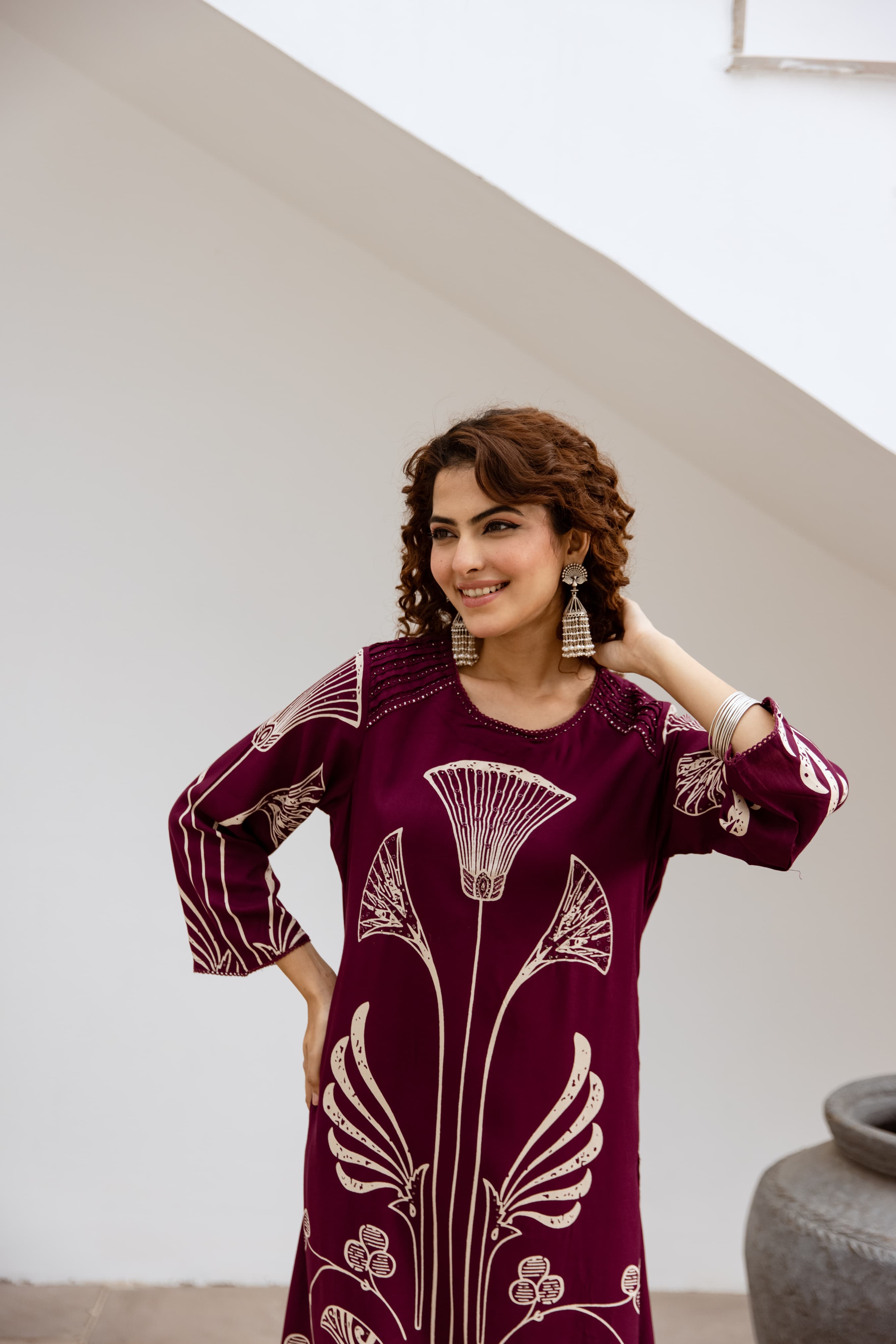 Wine Printed Organic Cotton Kurta Set