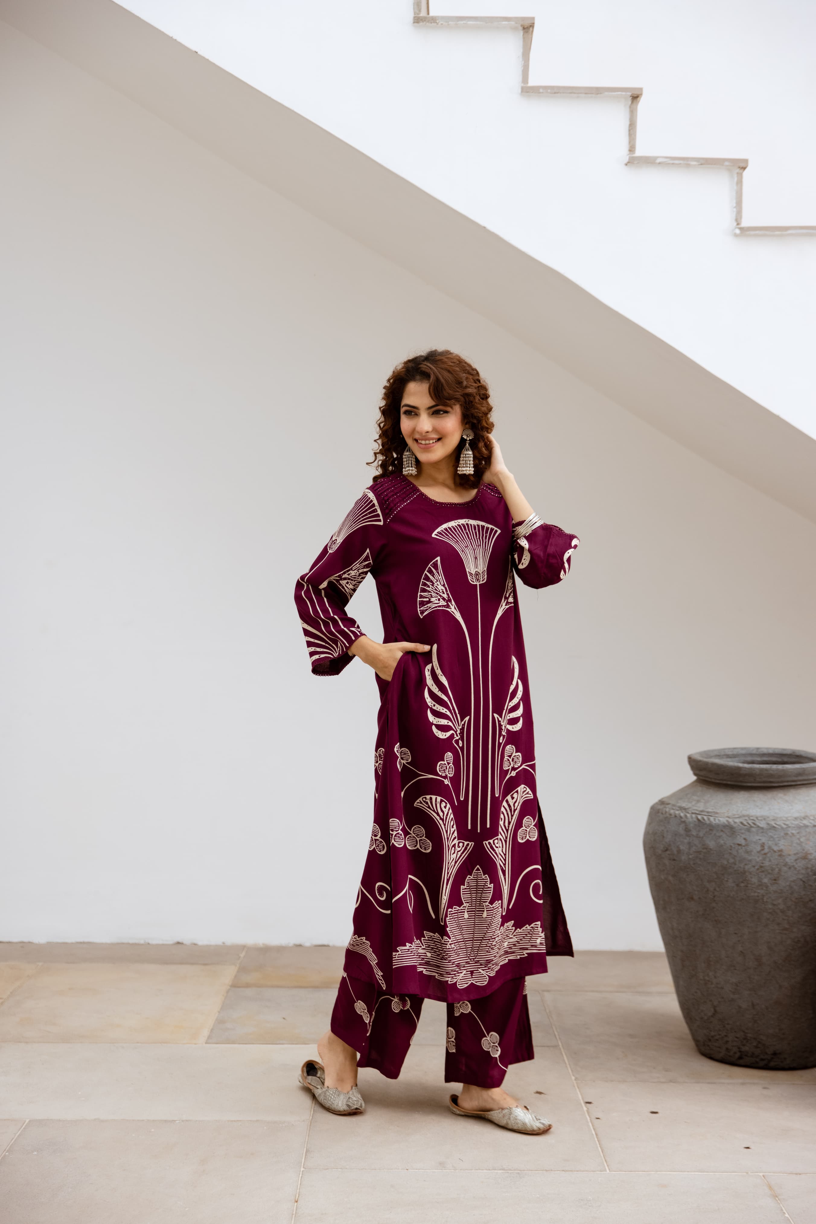 Wine Printed Organic Cotton Kurta Set