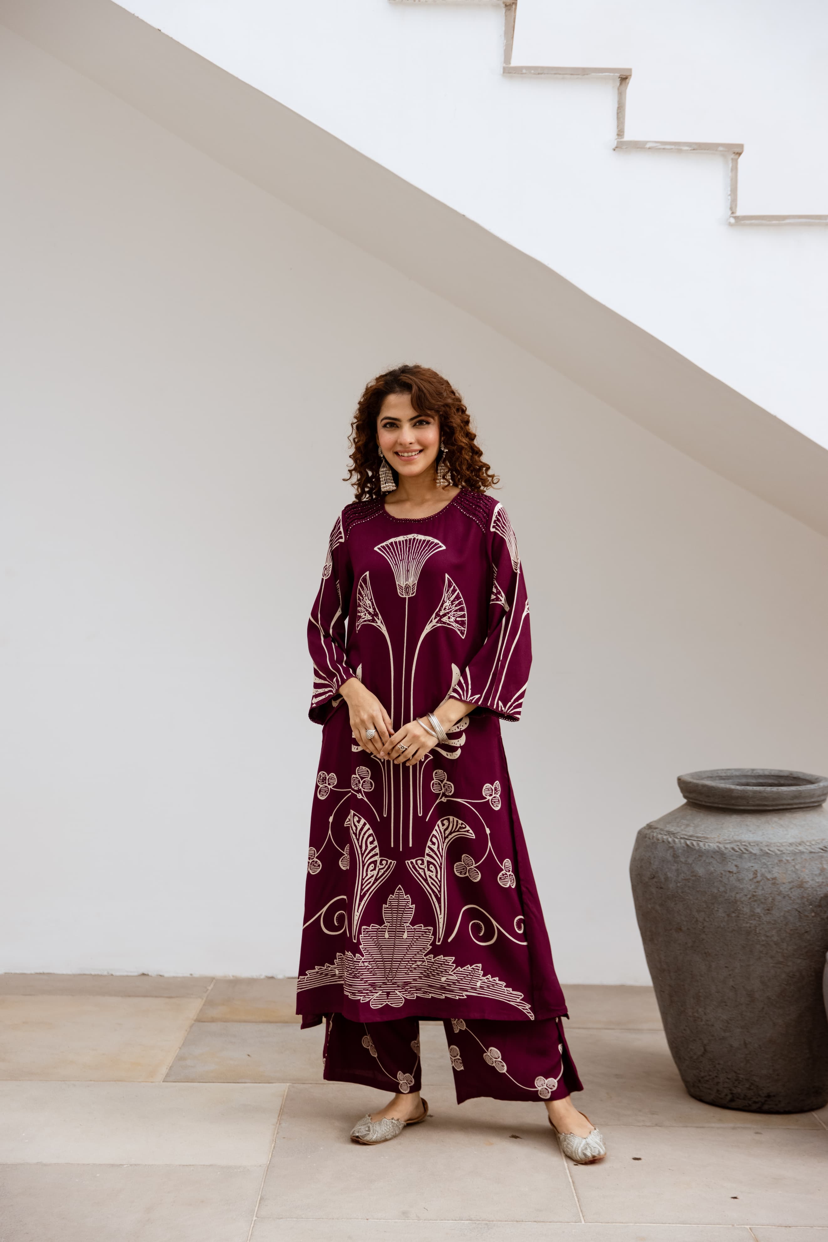 Wine Printed Organic Cotton Kurta Set