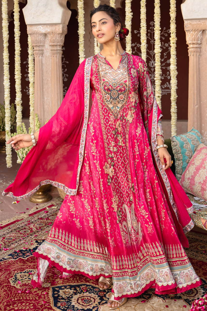 Rani Pink Embellished Crepe Silk Anarkali Set
