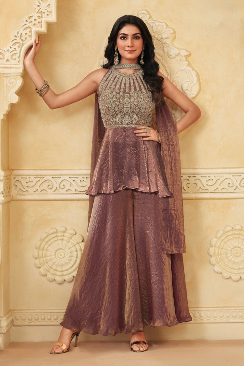 Dusty Mauve Embellished Tissue Silk Palazzo Set