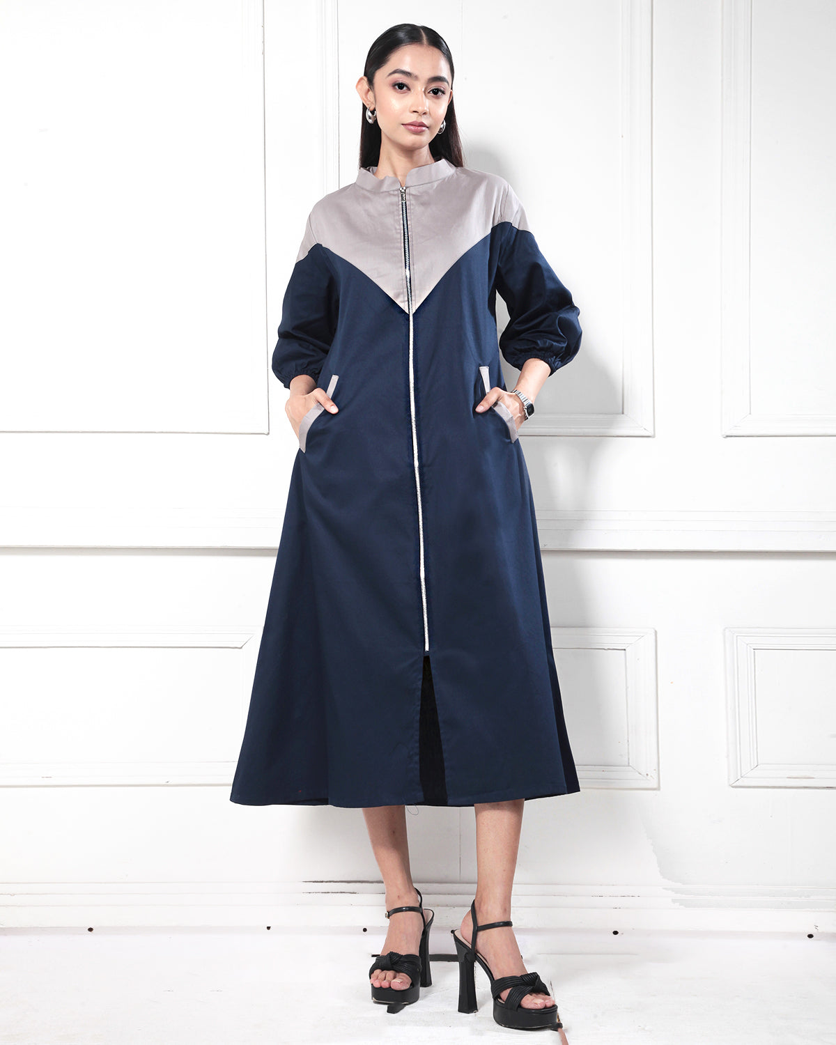 Beige Blue Dual Color Casual Tunic Dress