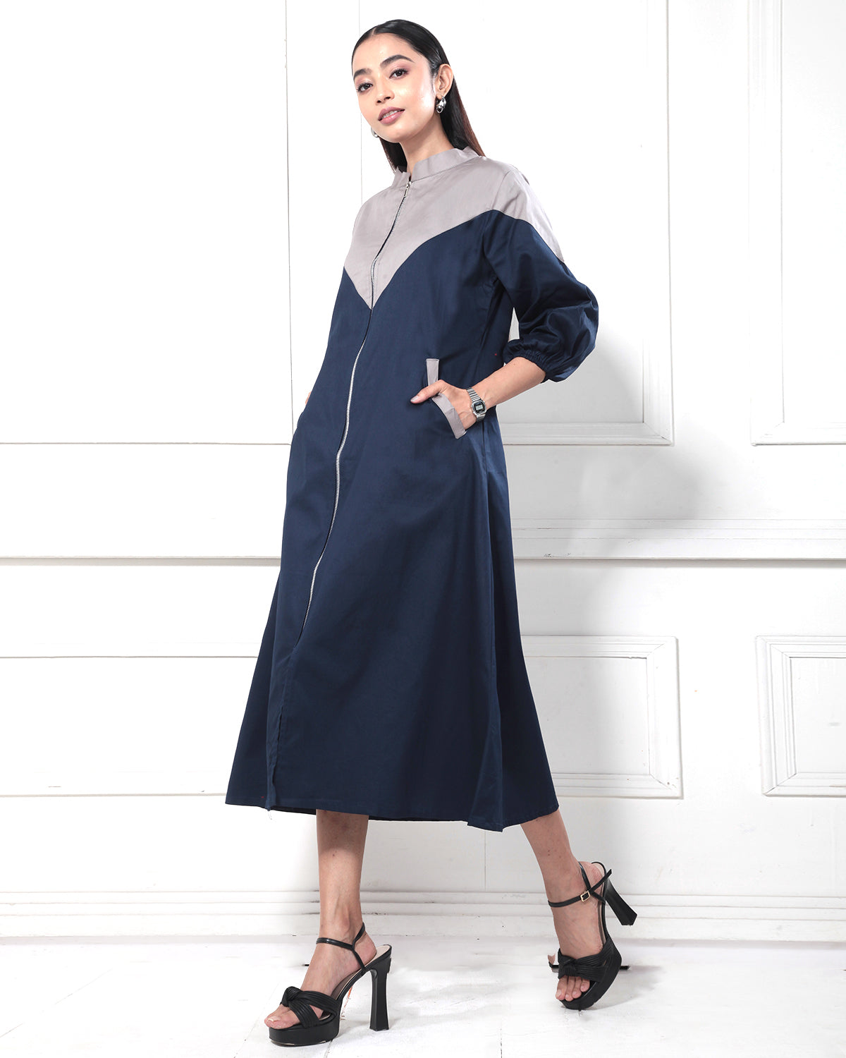 Beige Blue Dual Color Casual Tunic Dress