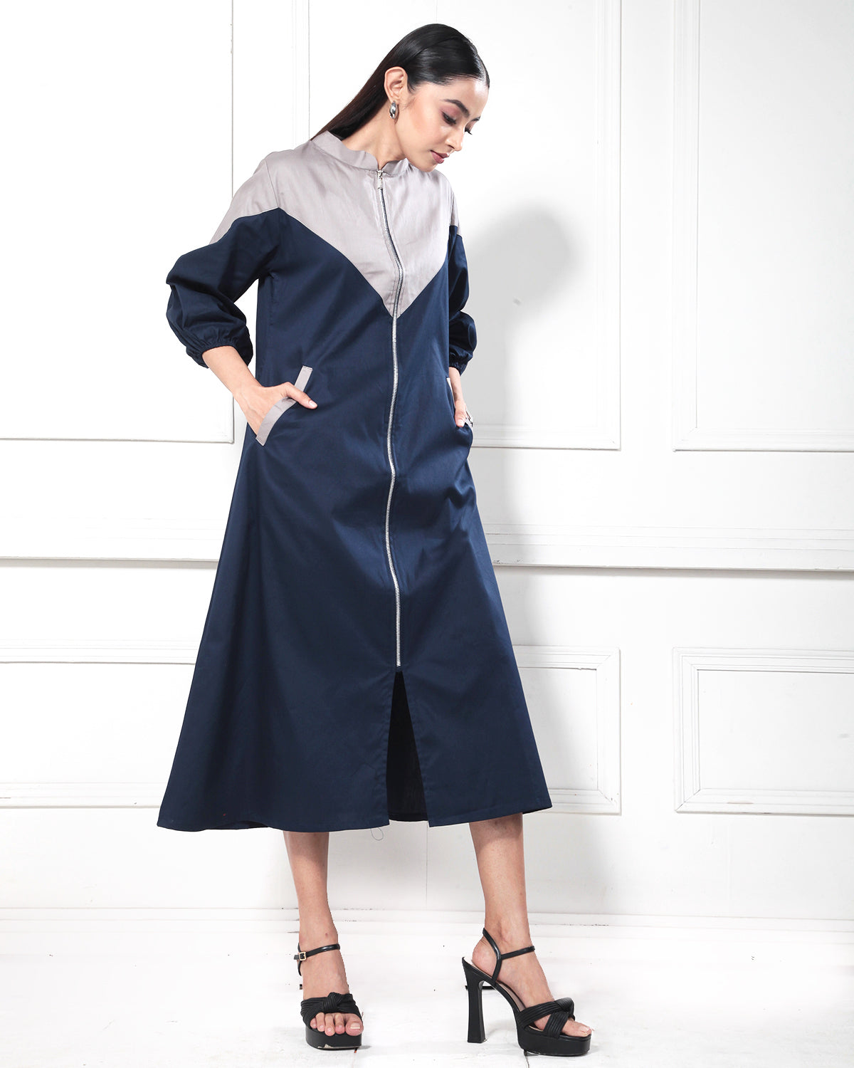 Beige Blue Dual Color Casual Tunic Dress