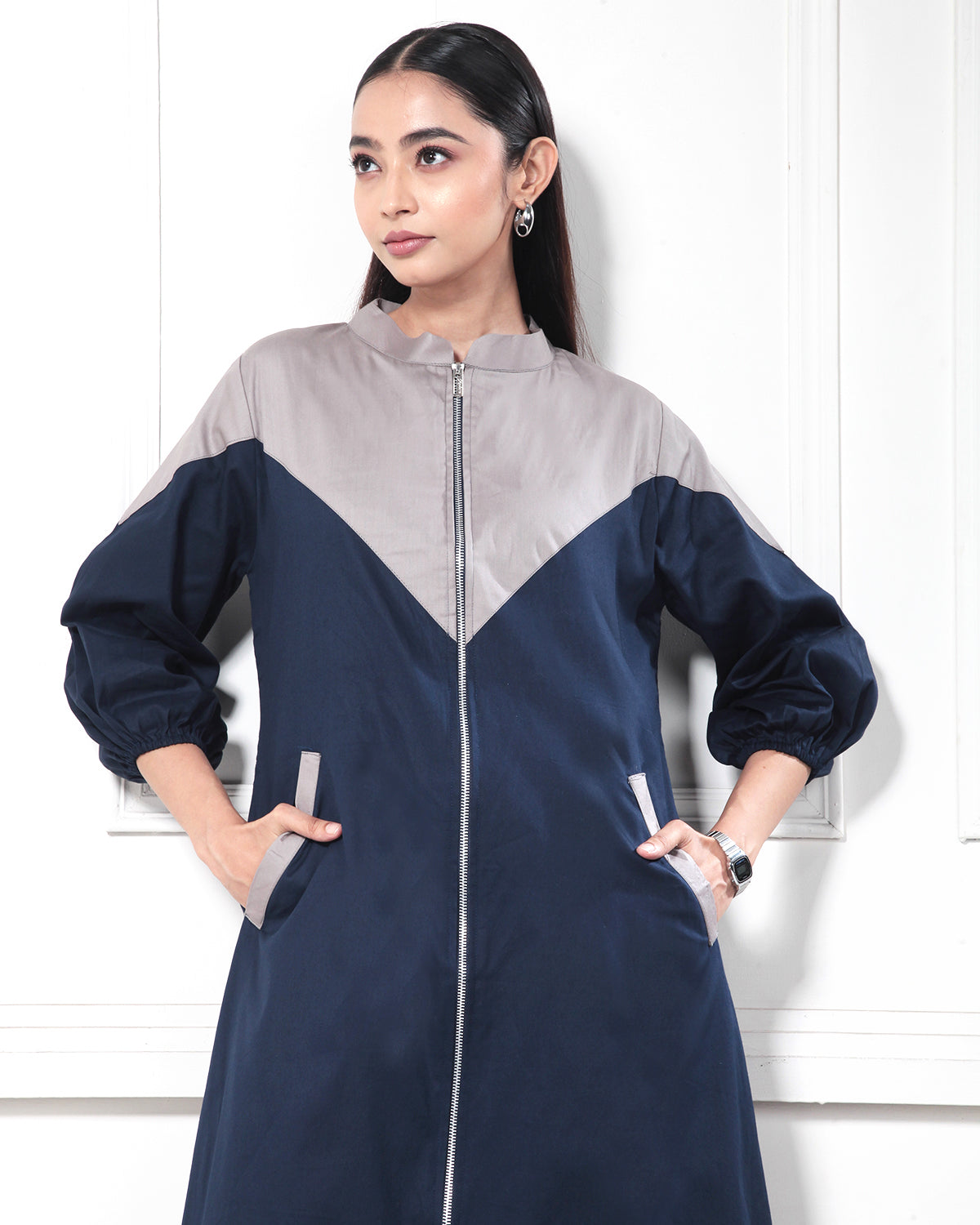 Beige Blue Dual Color Casual Tunic Dress