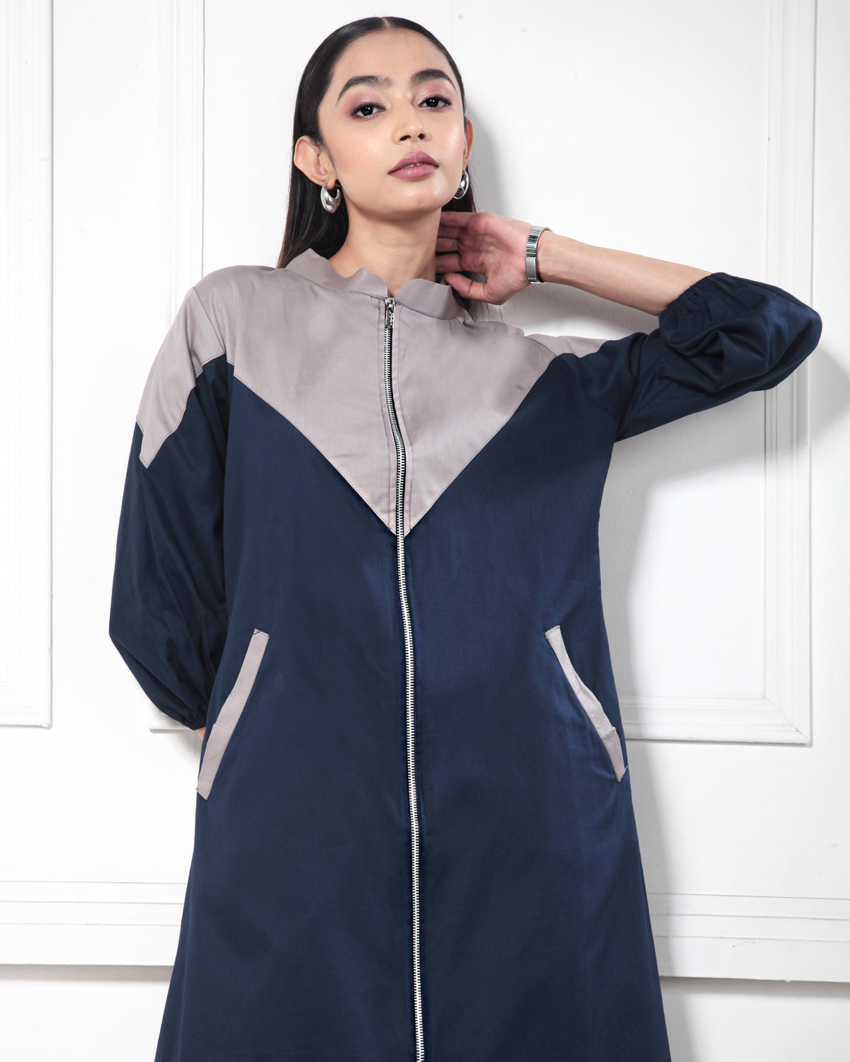 Beige Blue Dual Color Casual Tunic Dress