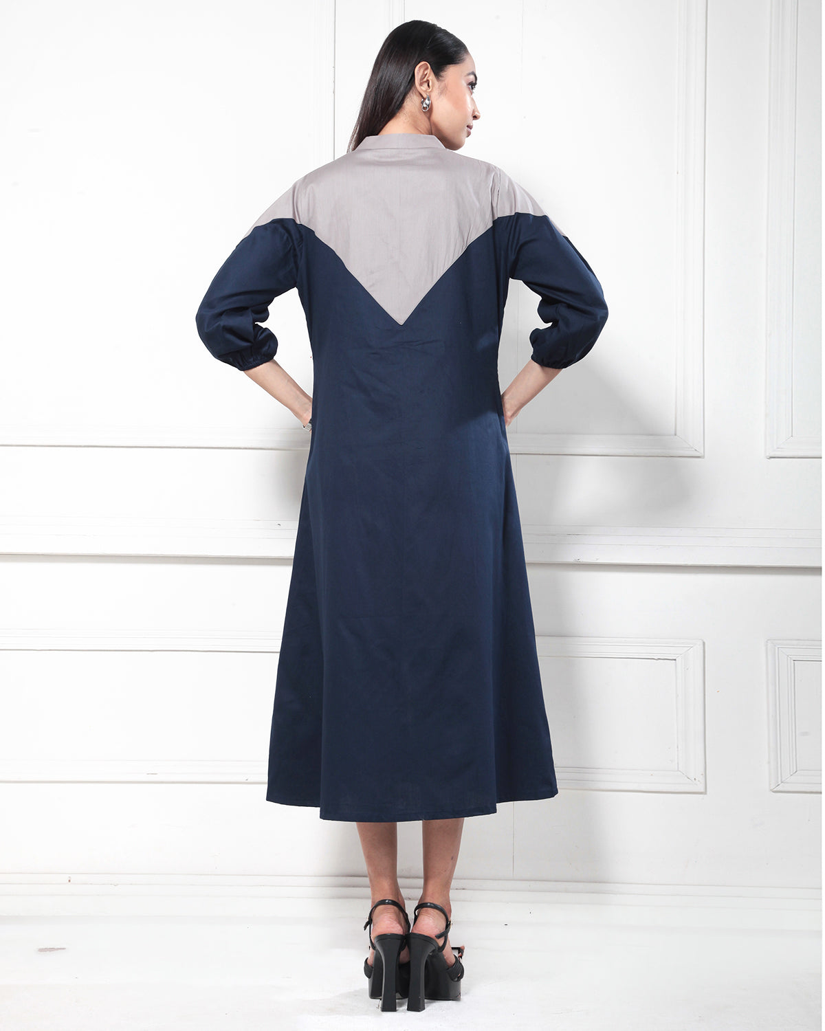 Beige Blue Dual Color Casual Tunic Dress