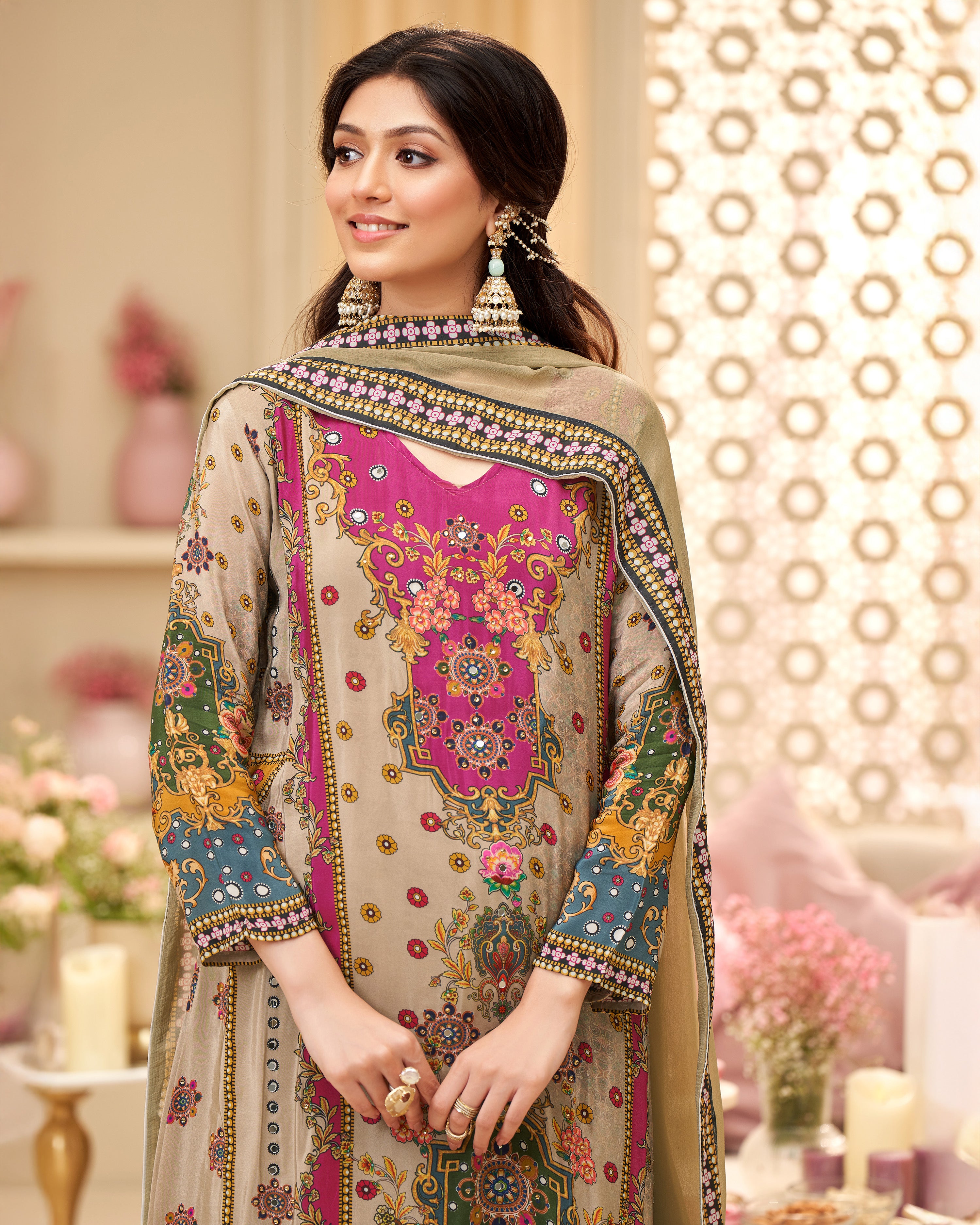 Beige & Magenta Embroidered Suit Set