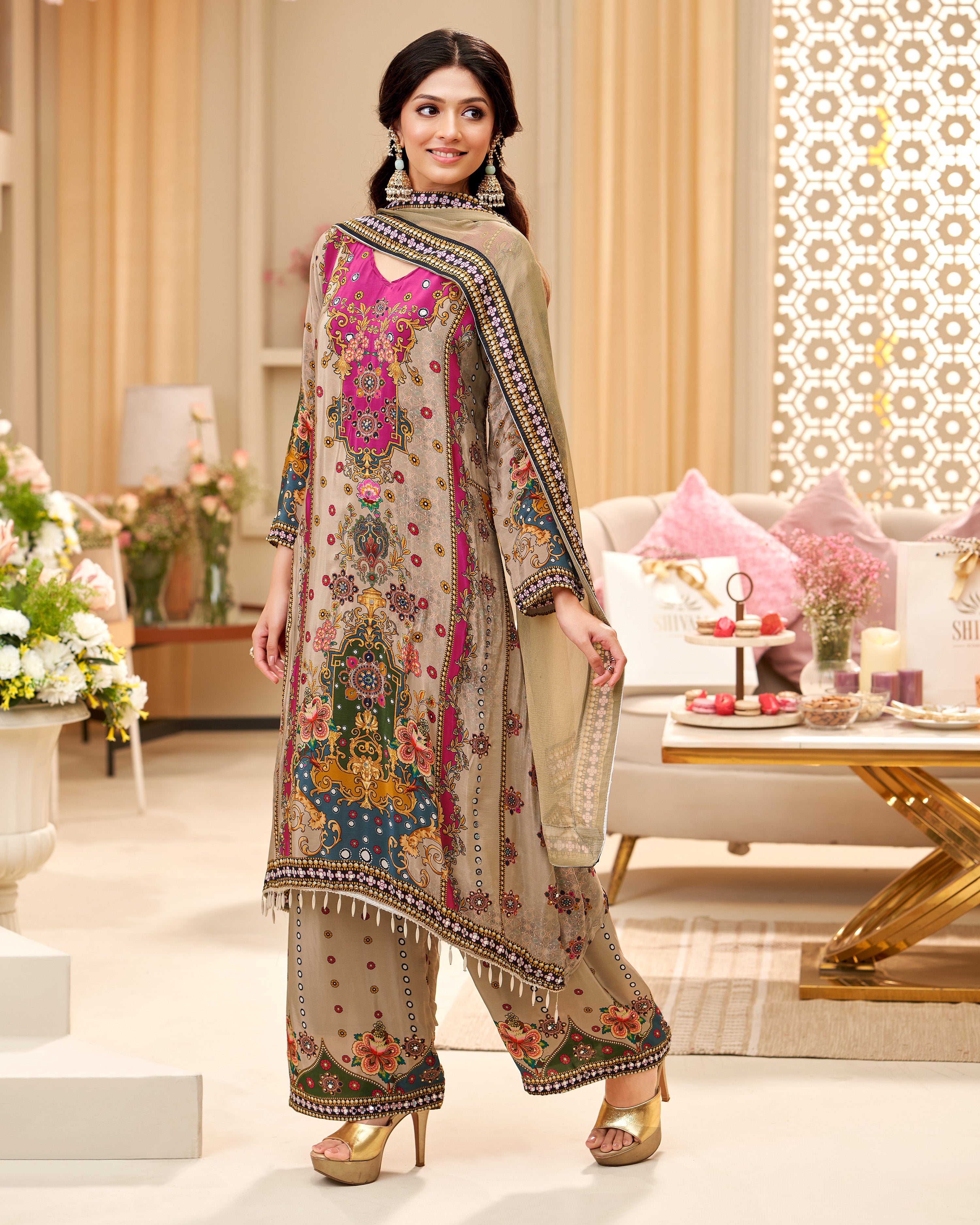 Beige & Magenta Embroidered Suit Set