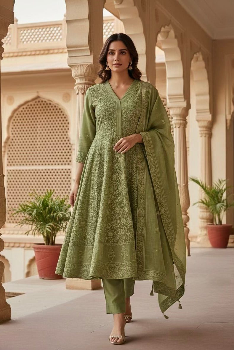 Pastel Green Embroidered Chanderi Silk Anarkali Set