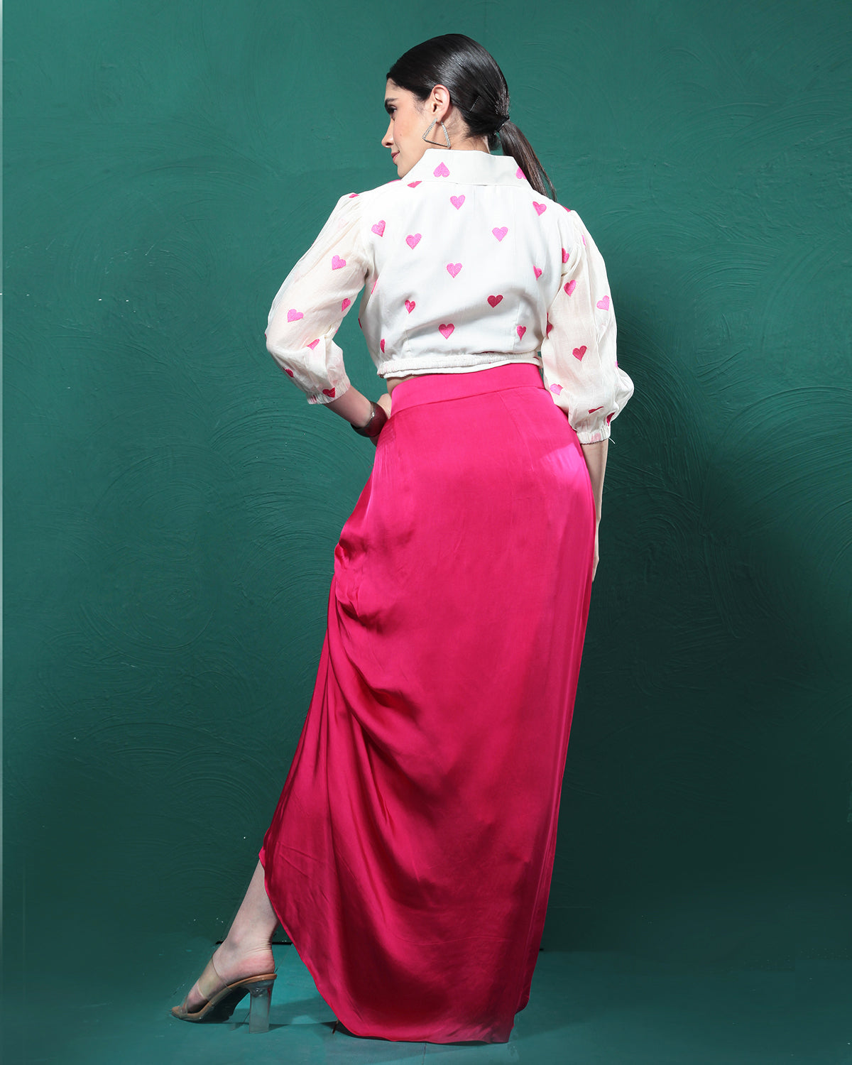 Pink Printed Satin Silk Skirt Set