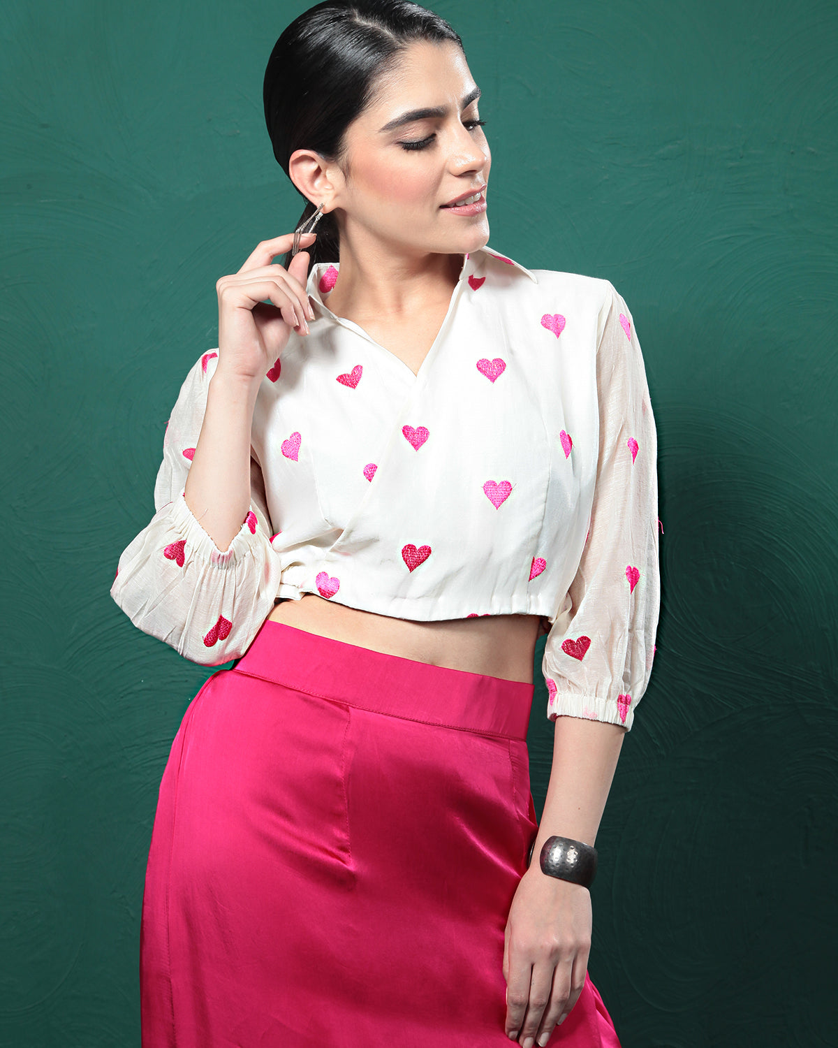 Pink Printed Satin Silk Skirt Set