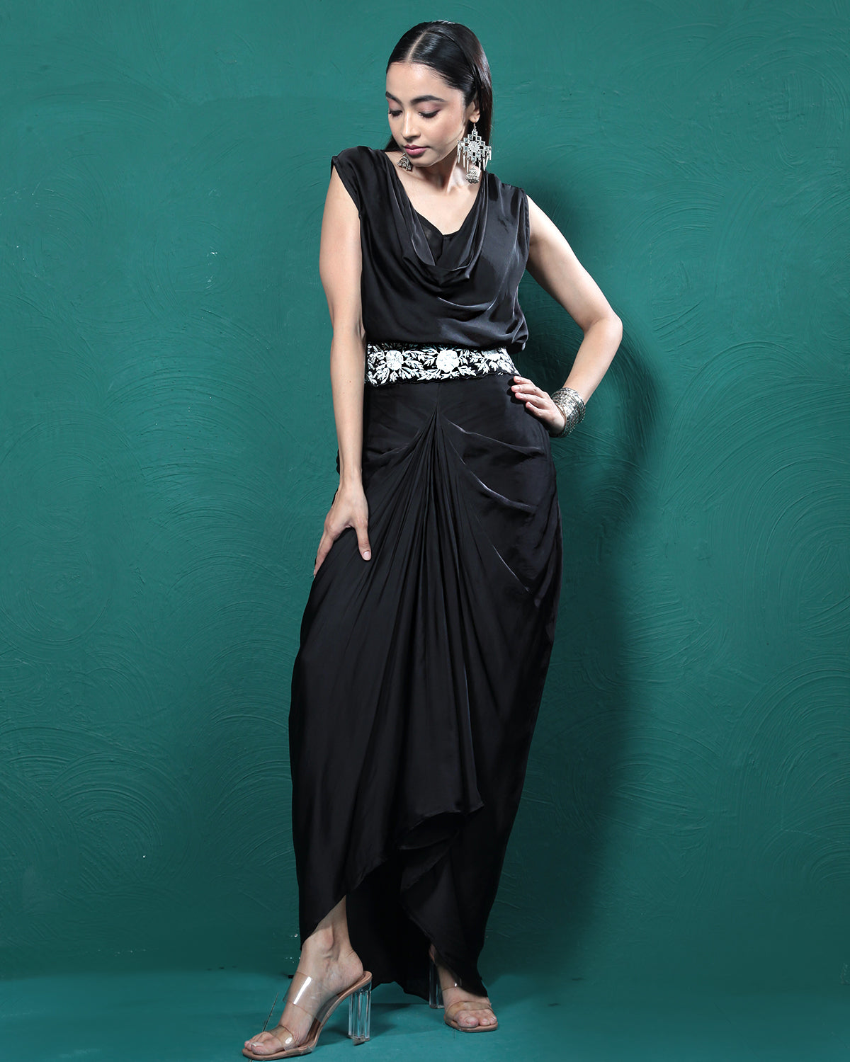 Elite Black Cowl Crop Top & Skirt Set