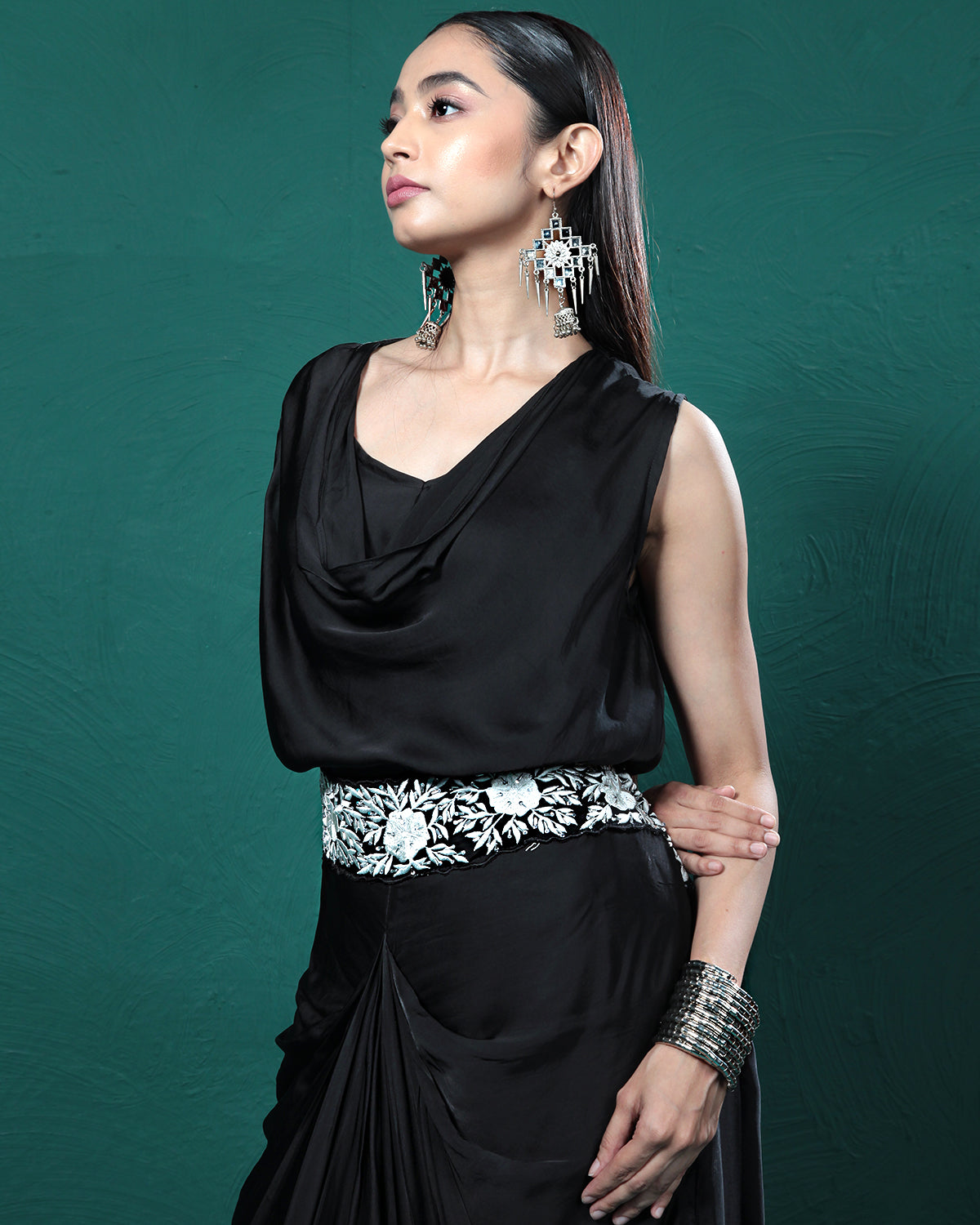 Elite Black Cowl Crop Top & Skirt Set