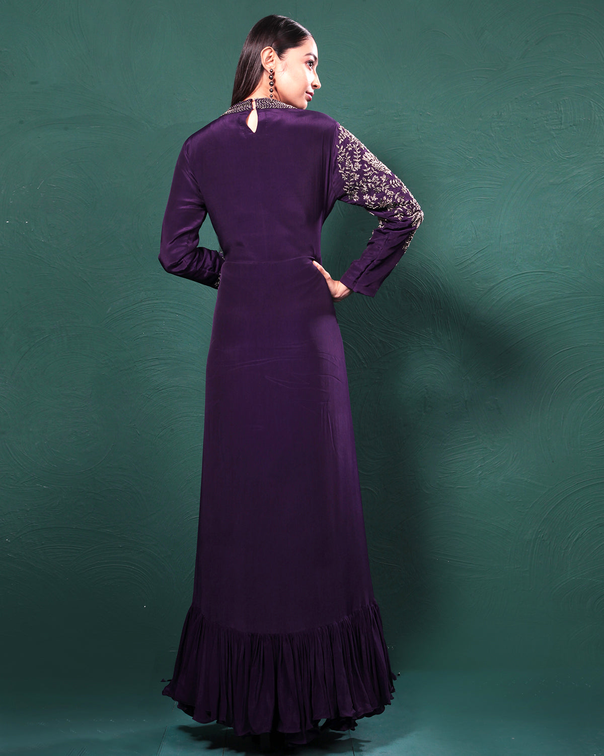 Purple Frills Golden Crepe Silk Evening Gown