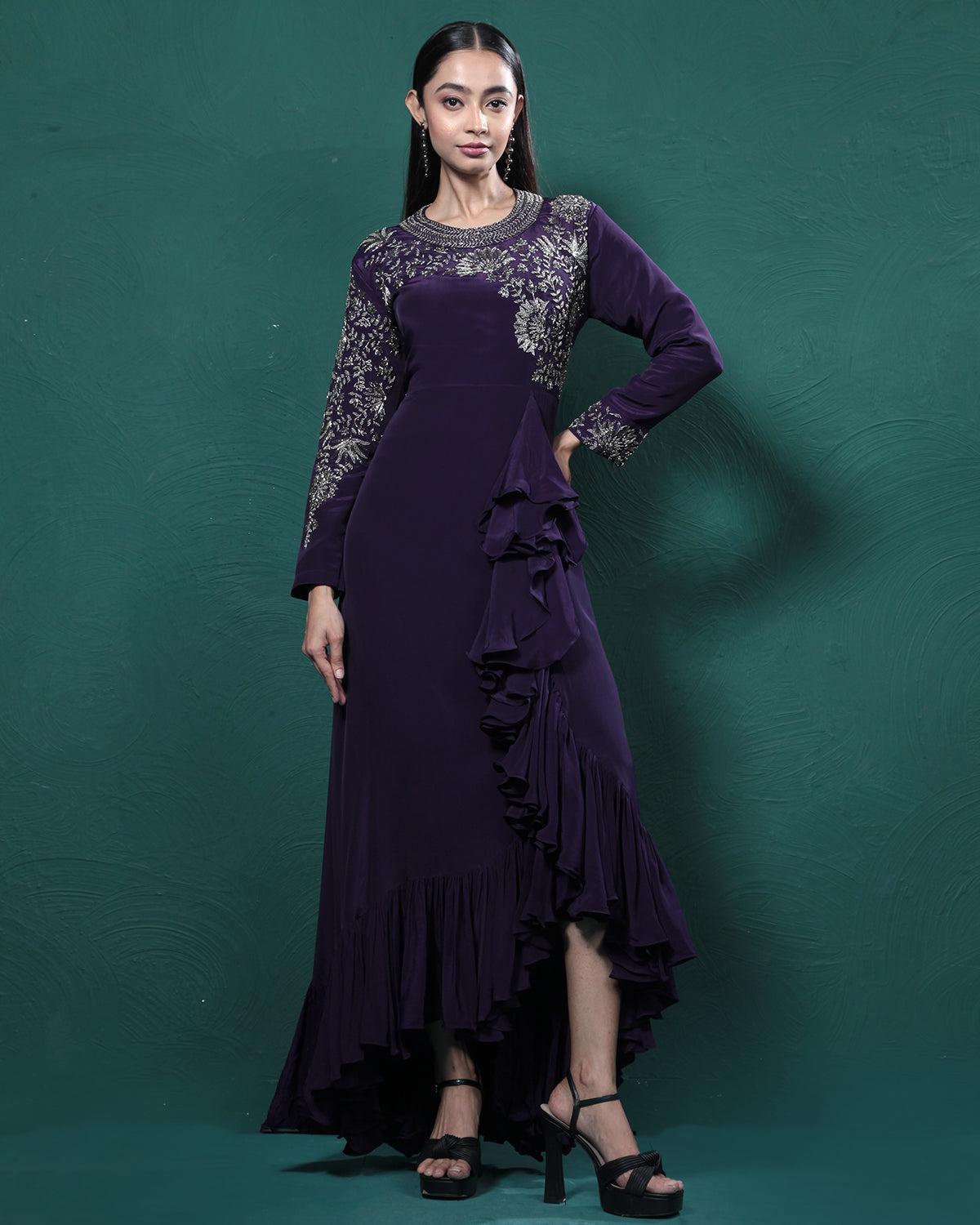 Purple Frills Golden Crepe Silk Evening Gown