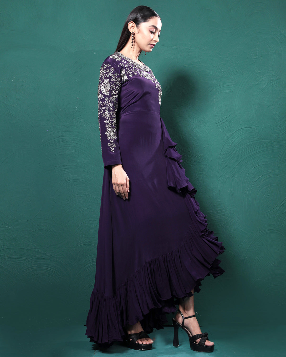 Purple Frills Golden Crepe Silk Evening Gown