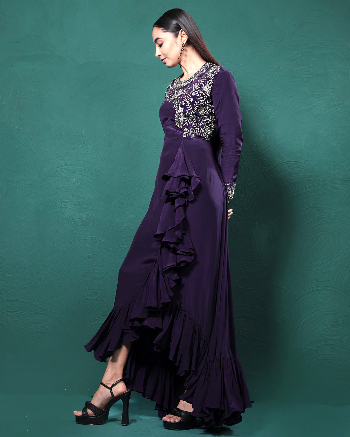 Purple Frills Golden Crepe Silk Evening Gown