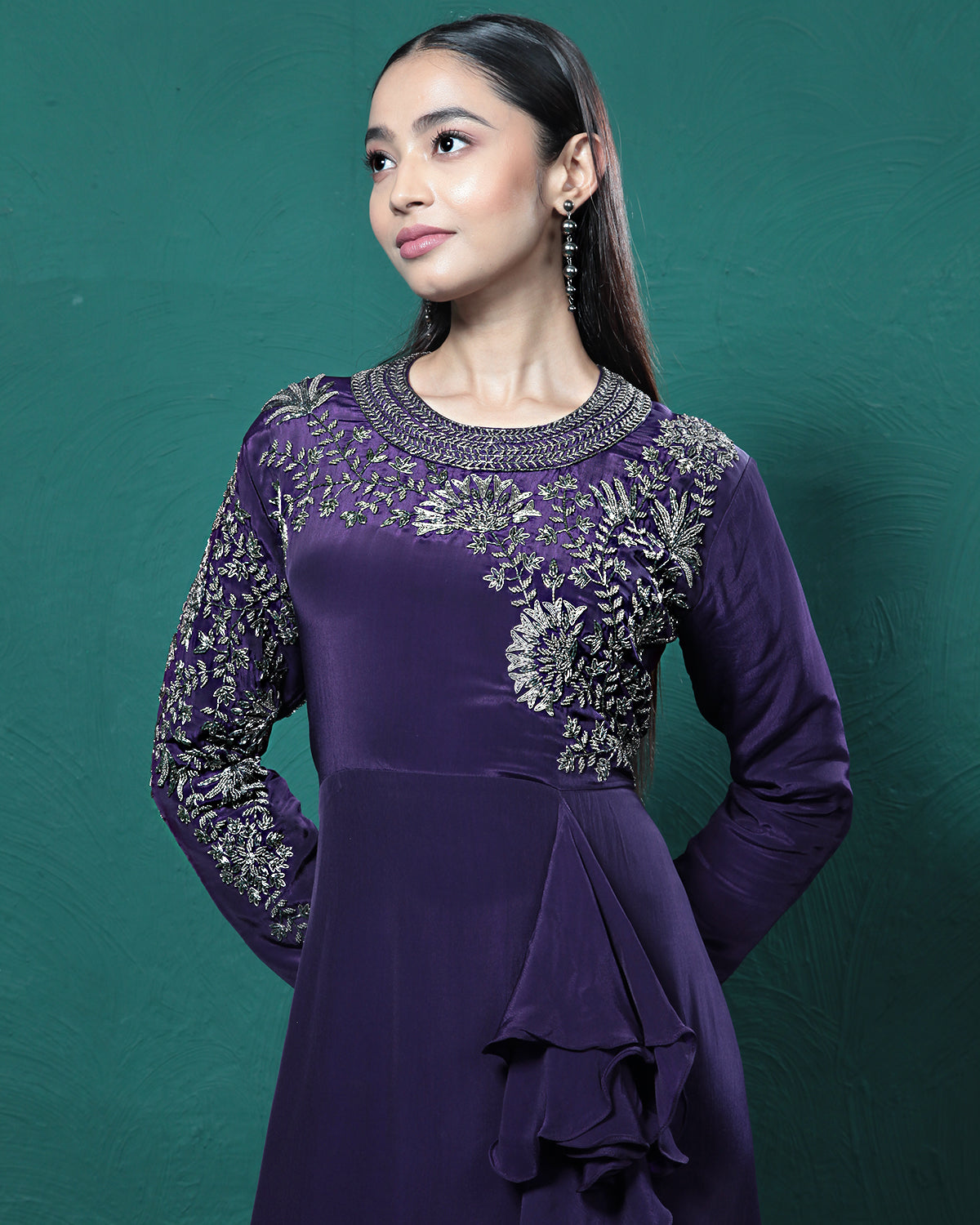 Purple Frills Golden Crepe Silk Evening Gown