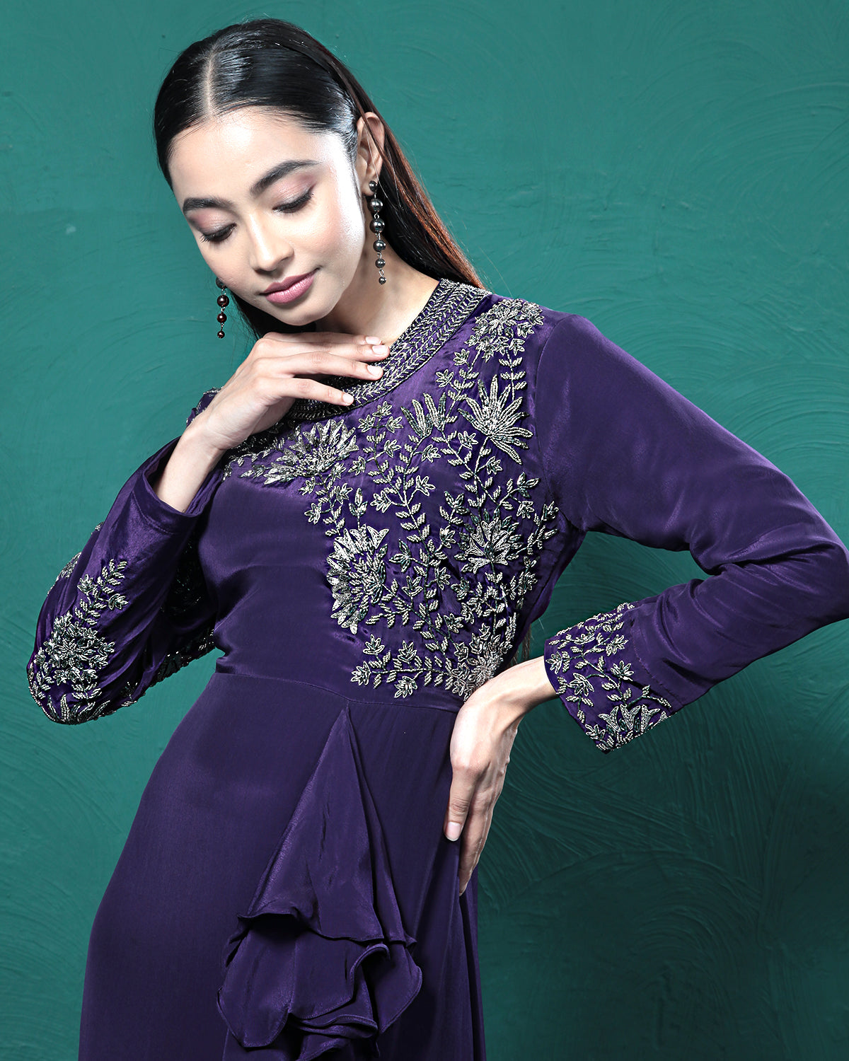 Purple Frills Golden Crepe Silk Evening Gown