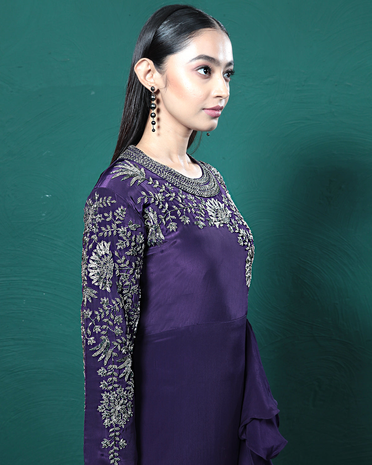 Purple Frills Golden Crepe Silk Evening Gown