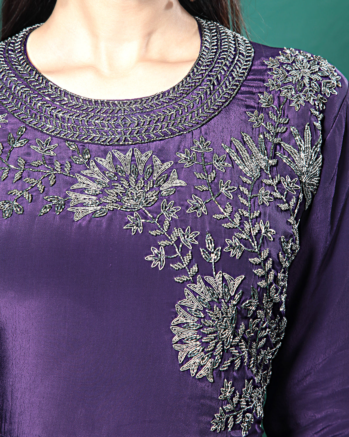 Purple Frills Golden Crepe Silk Evening Gown