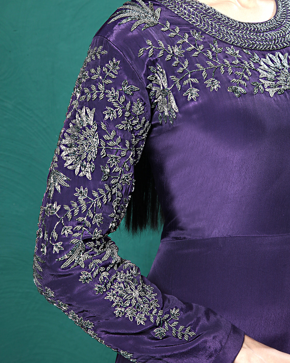 Purple Frills Golden Crepe Silk Evening Gown