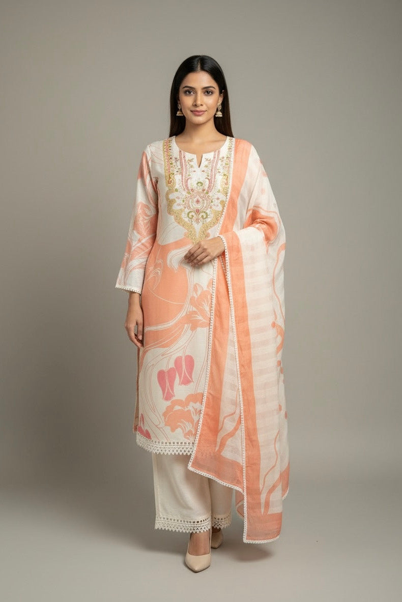 Peach & Cream Floral Embroidered Linen Pant Set