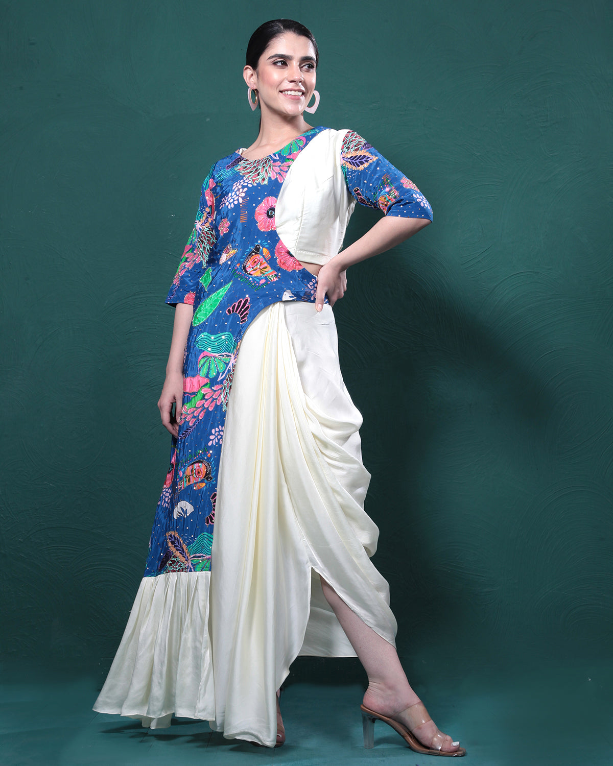 Ivory Blue Floral Draped Skirt Dress