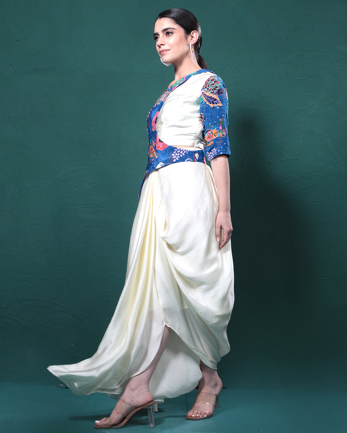 Ivory Blue Floral Draped Skirt Dress