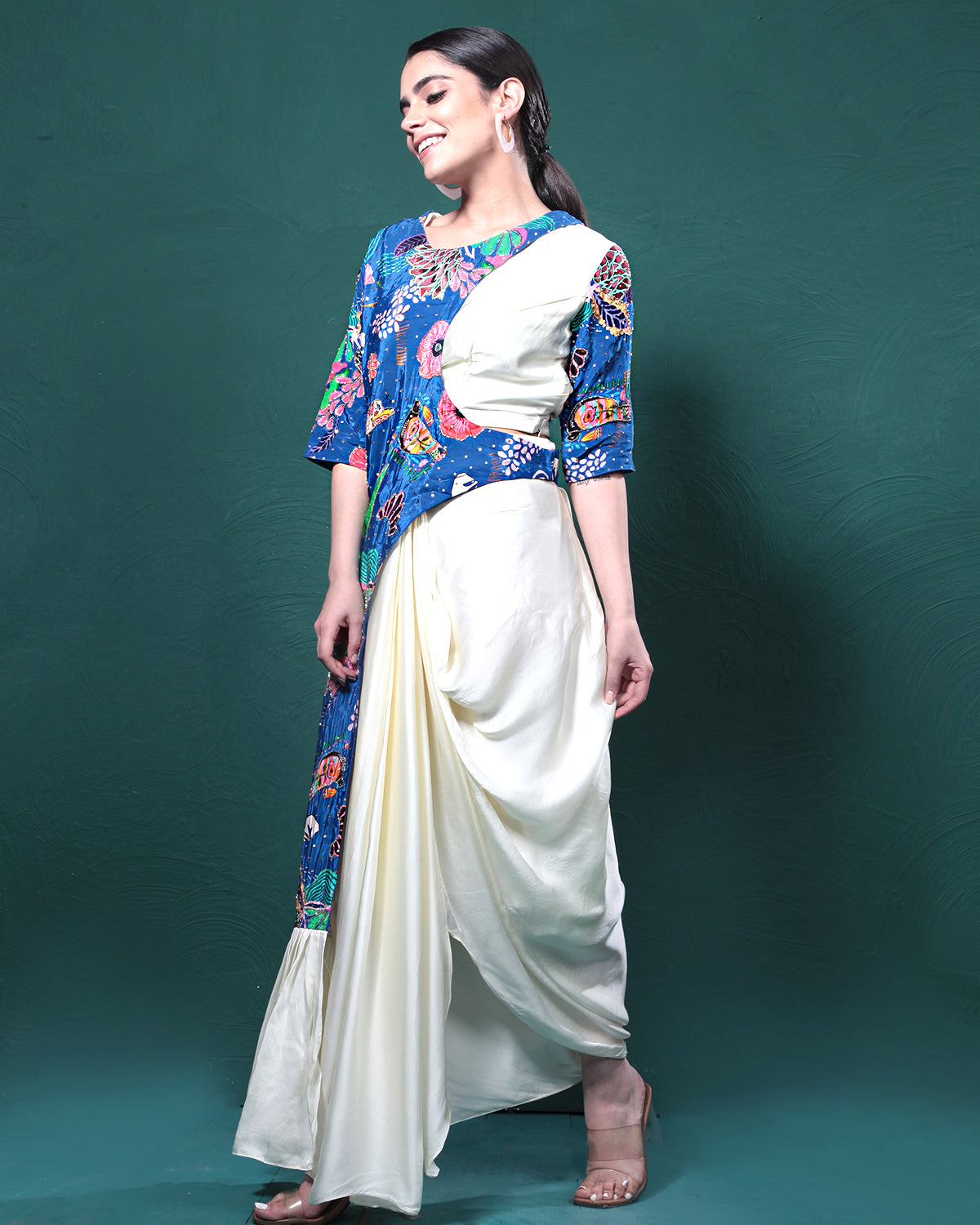 Ivory Blue Floral Draped Skirt Dress