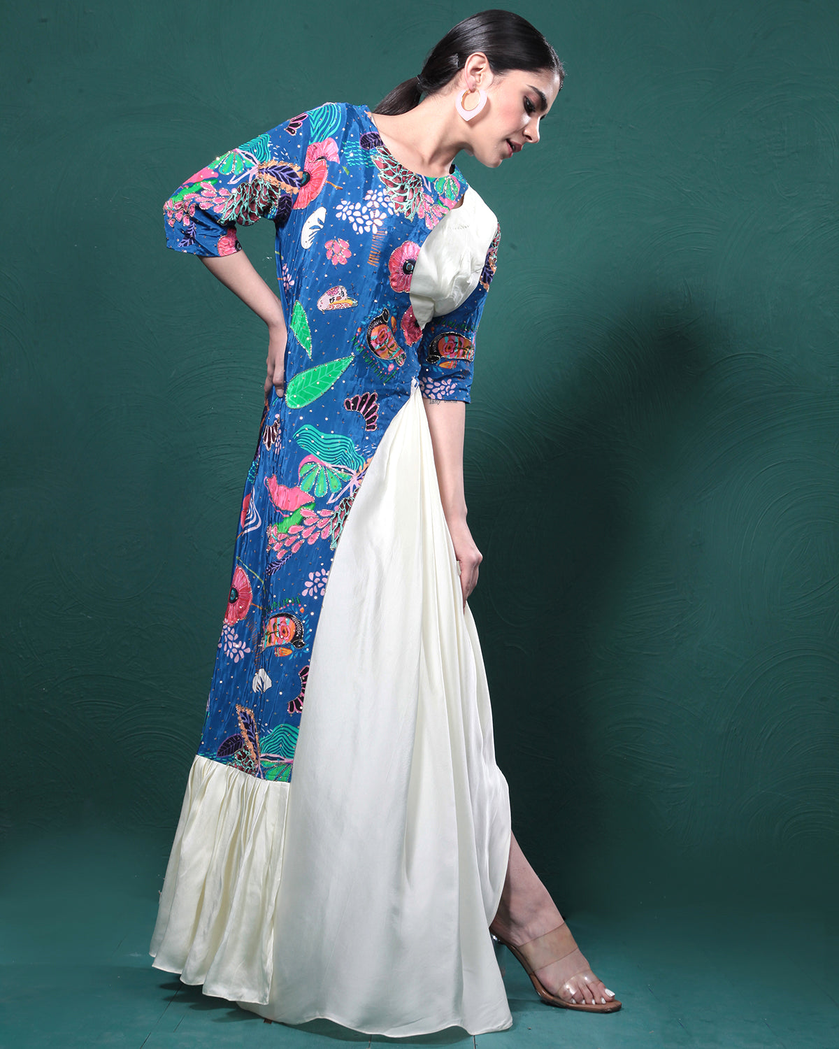 Ivory Blue Floral Draped Skirt Dress