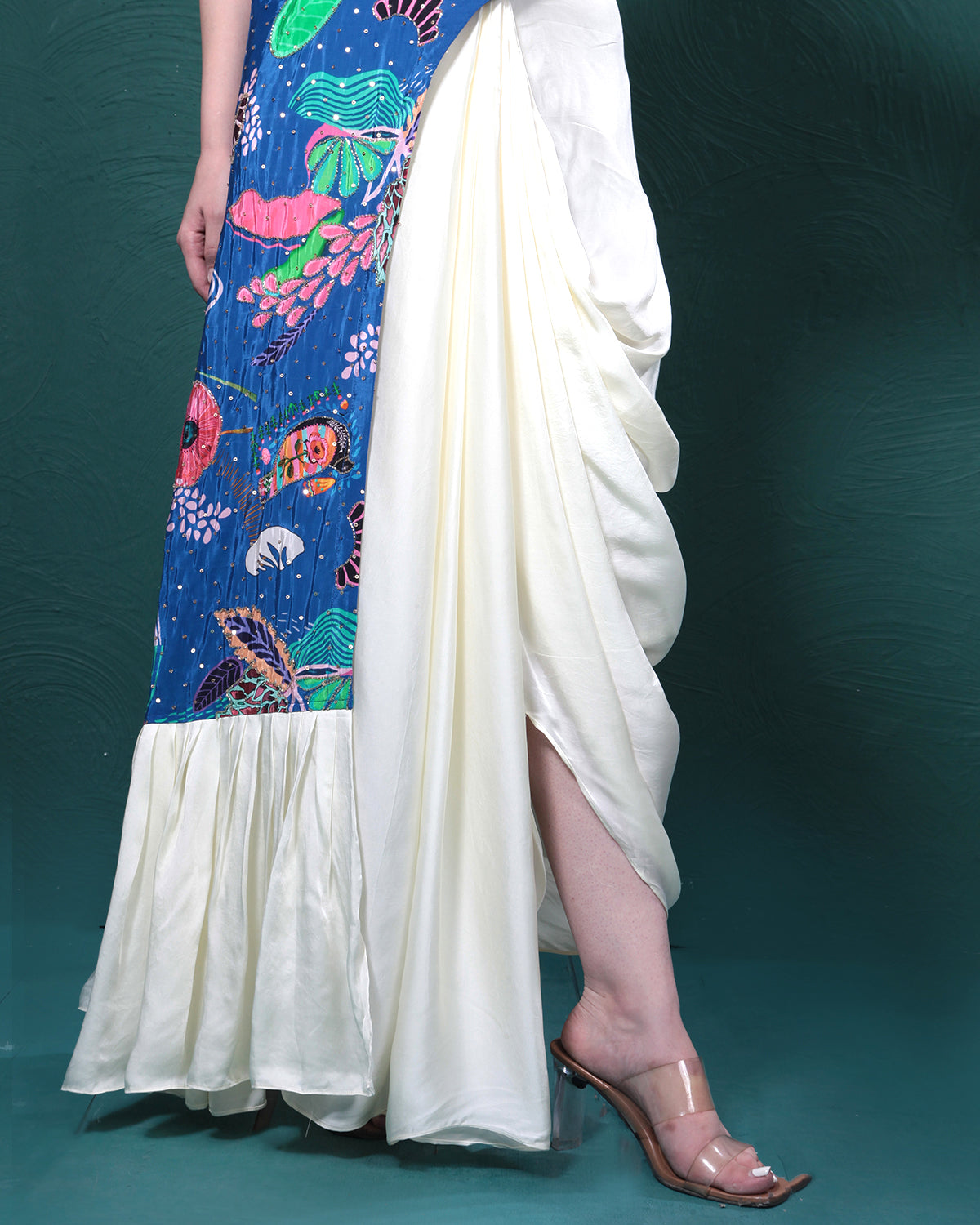 Ivory Blue Floral Draped Skirt Dress