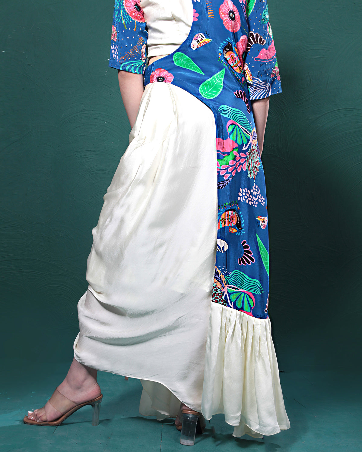 Ivory Blue Floral Draped Skirt Dress