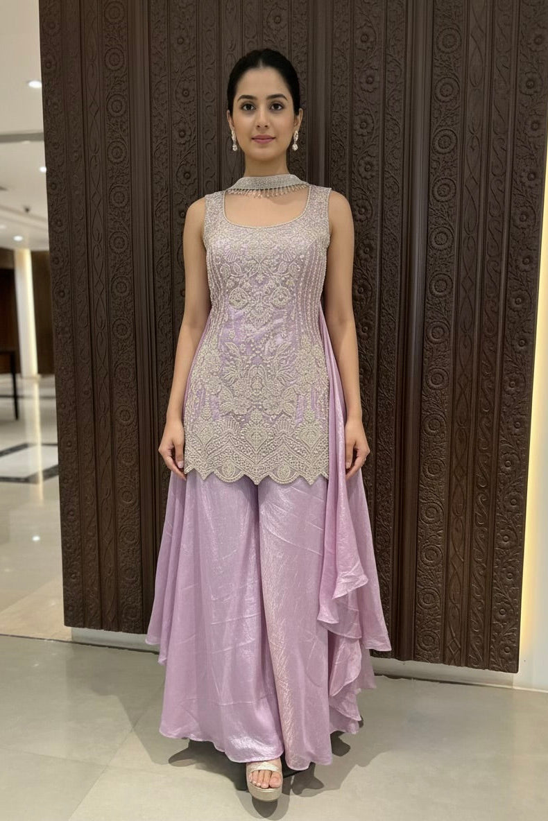 Iris Purple Embellished Organza Silk Palazzo Set